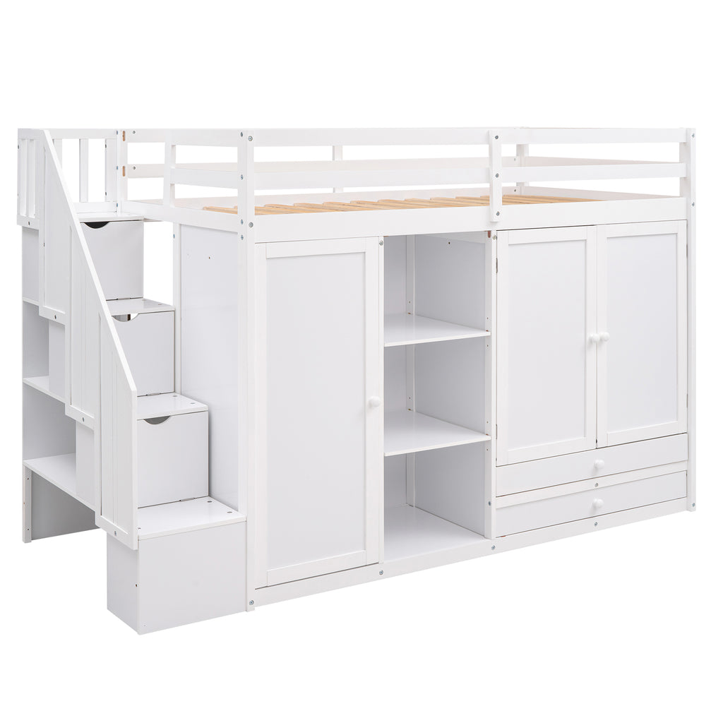 Functional Loft Bed with Shelves, Wardrobes, and Drawers