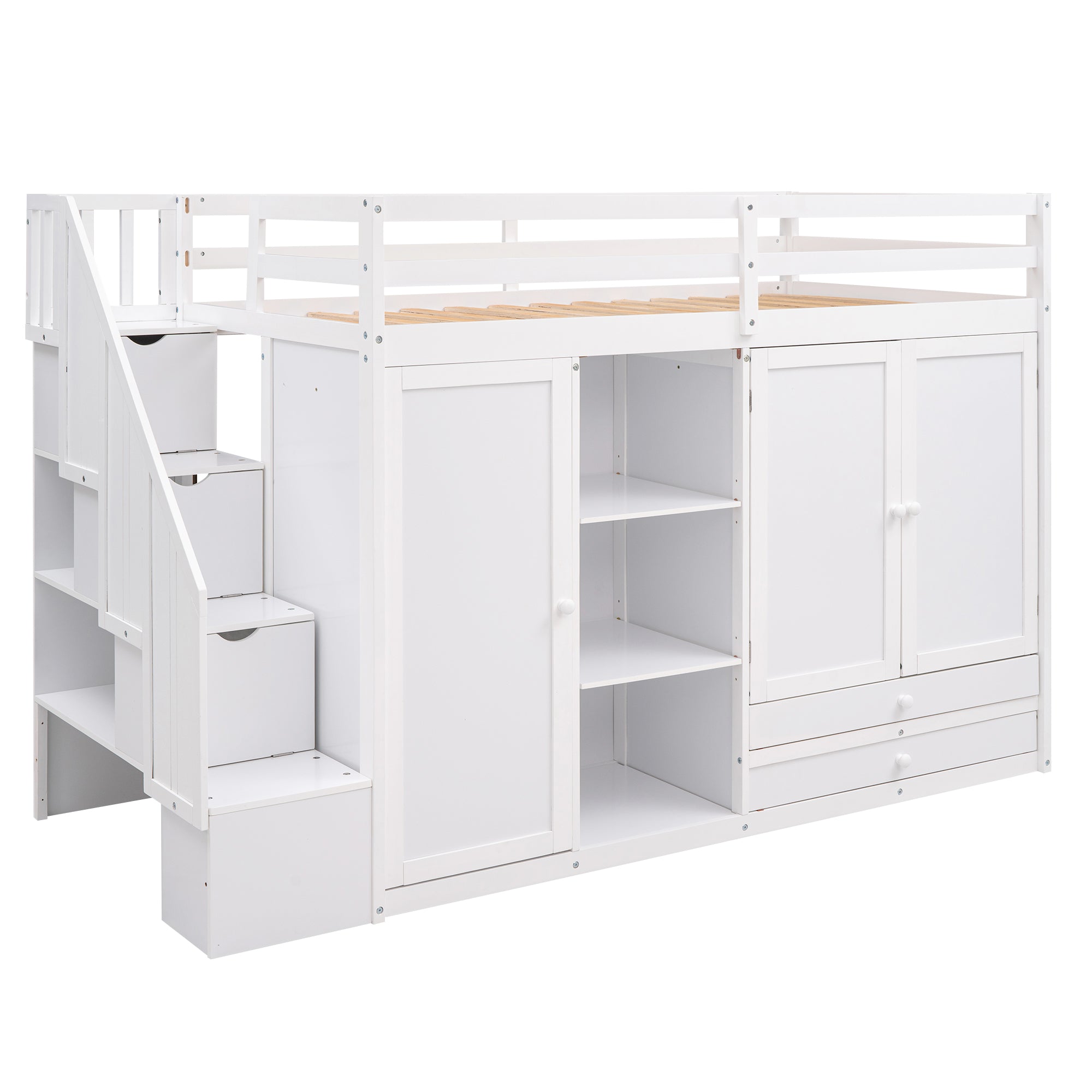 Functional Loft Bed with Shelves, Wardrobes, and Drawers