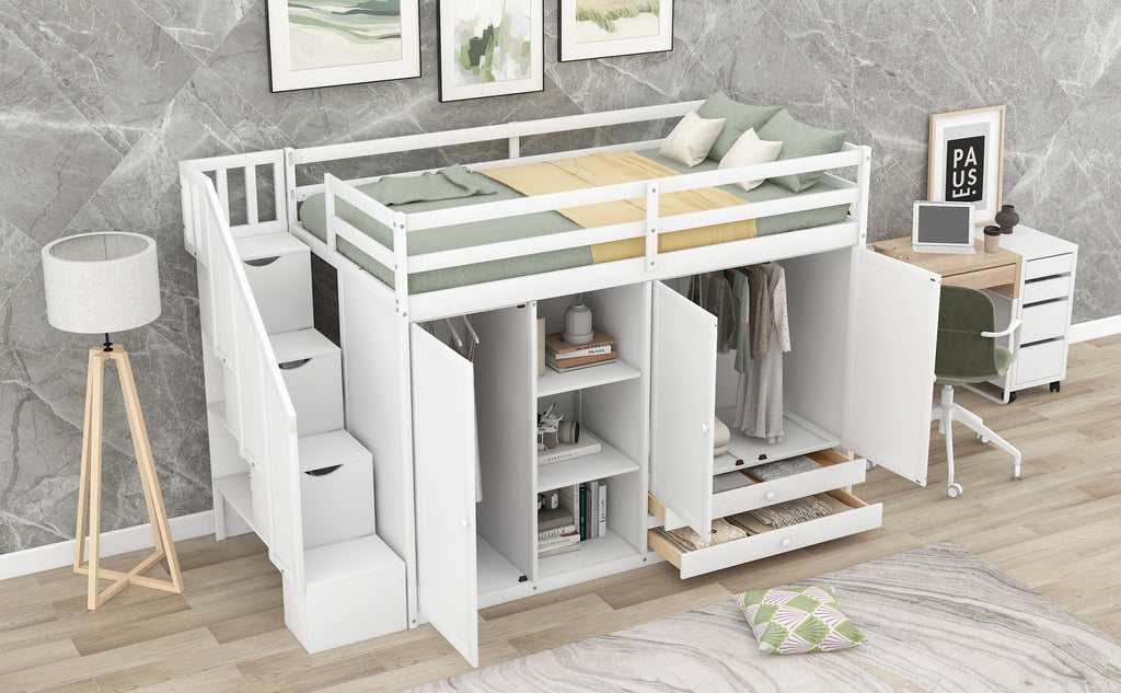 Functional Loft Bed with Shelves, Wardrobes, and Drawers