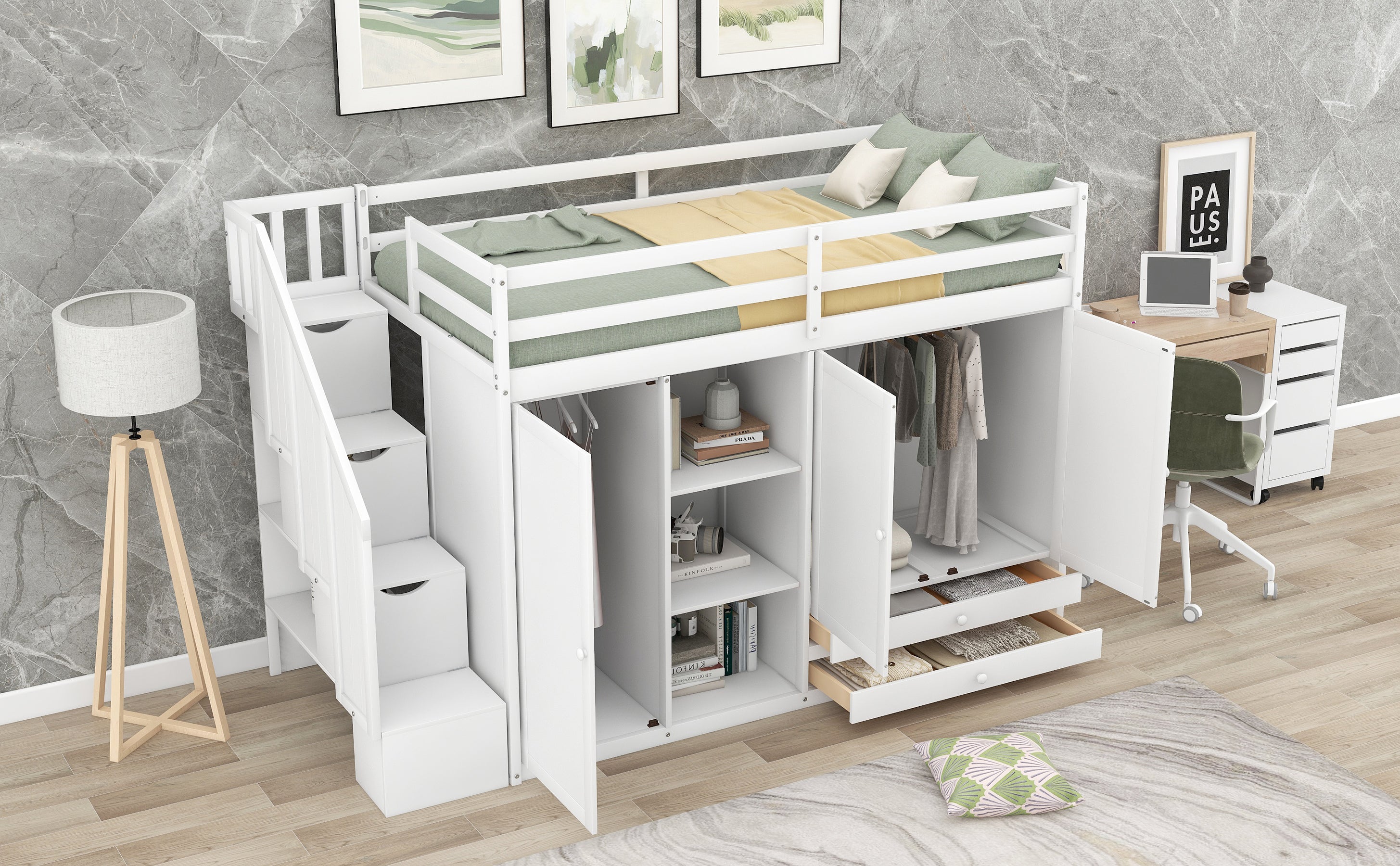 Functional Loft Bed with Shelves, Wardrobes, and Drawers