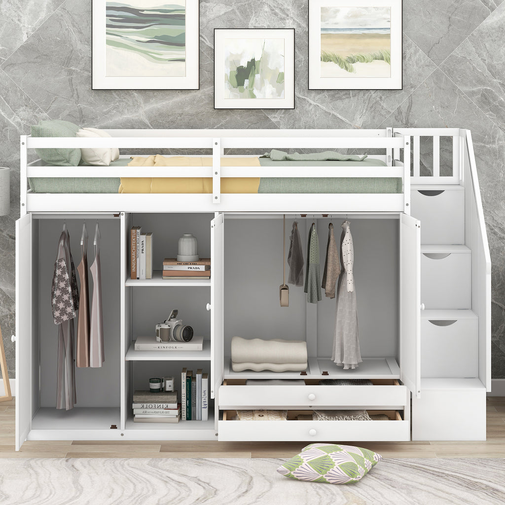 Functional Loft Bed with Shelves, Wardrobes, and Drawers