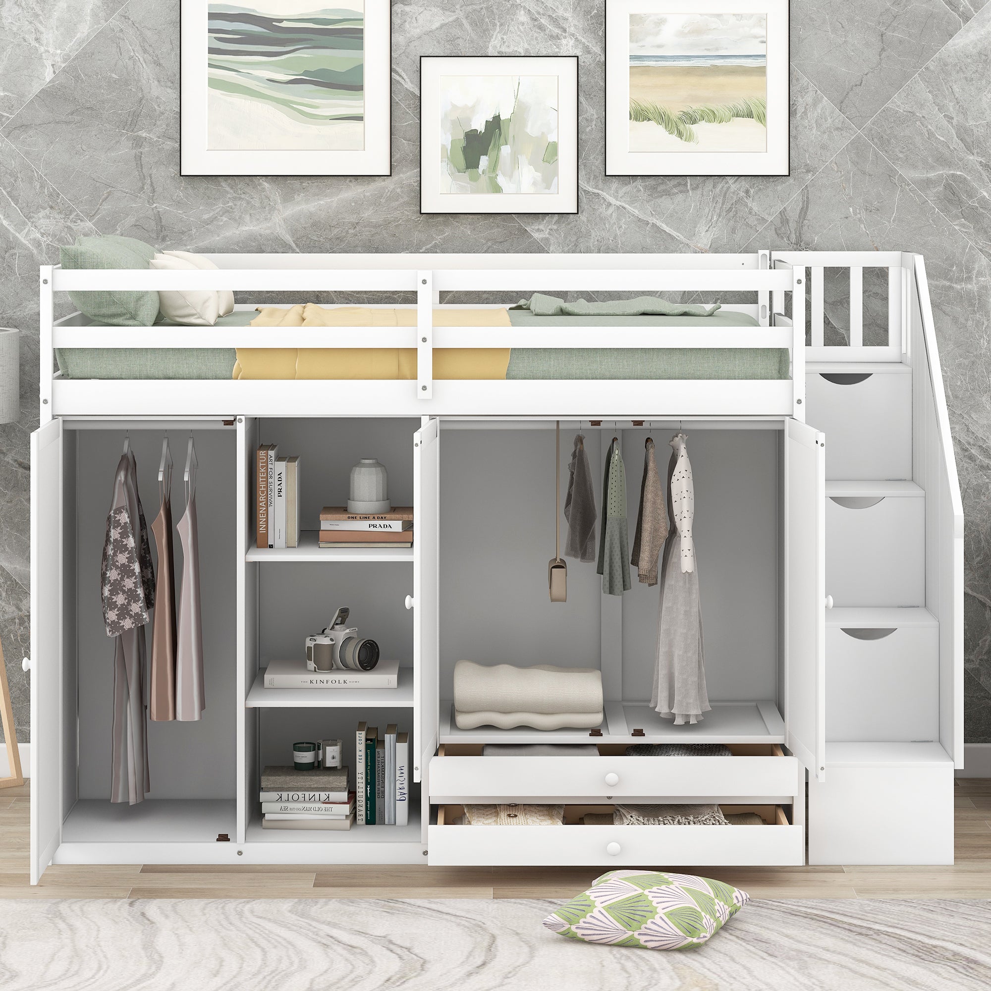 Functional Loft Bed with Shelves, Wardrobes, and Drawers