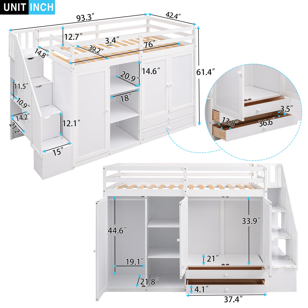 Functional Loft Bed with Shelves, Wardrobes, and Drawers