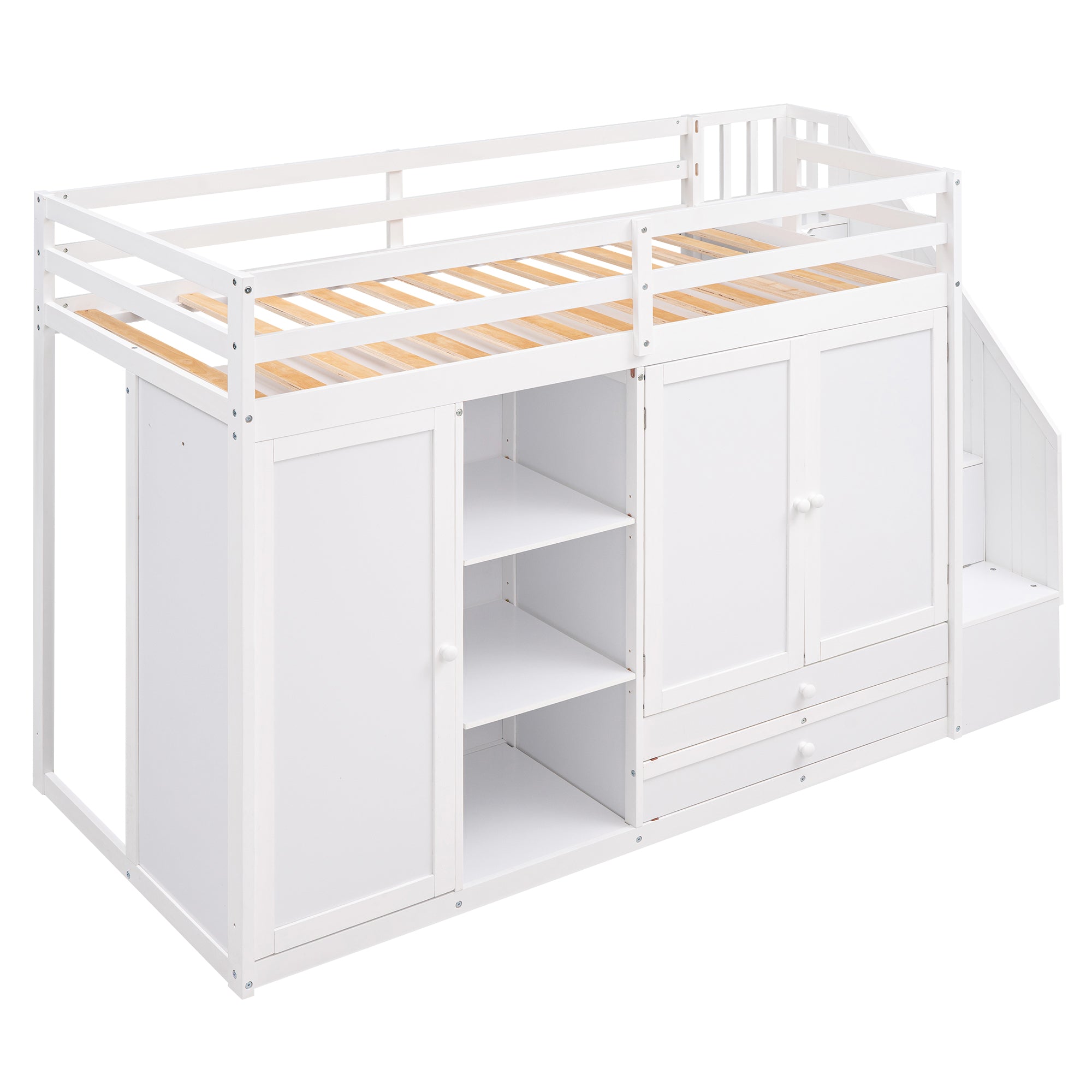 Functional Loft Bed with Shelves, Wardrobes, and Drawers