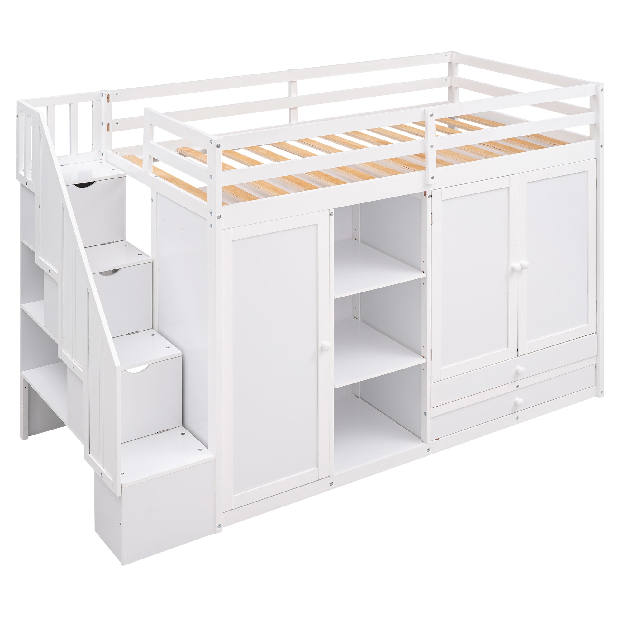 Functional Loft Bed with Shelves, Wardrobes, and Drawers