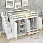 Functional Loft Bed with Shelves, Wardrobes, and Drawers