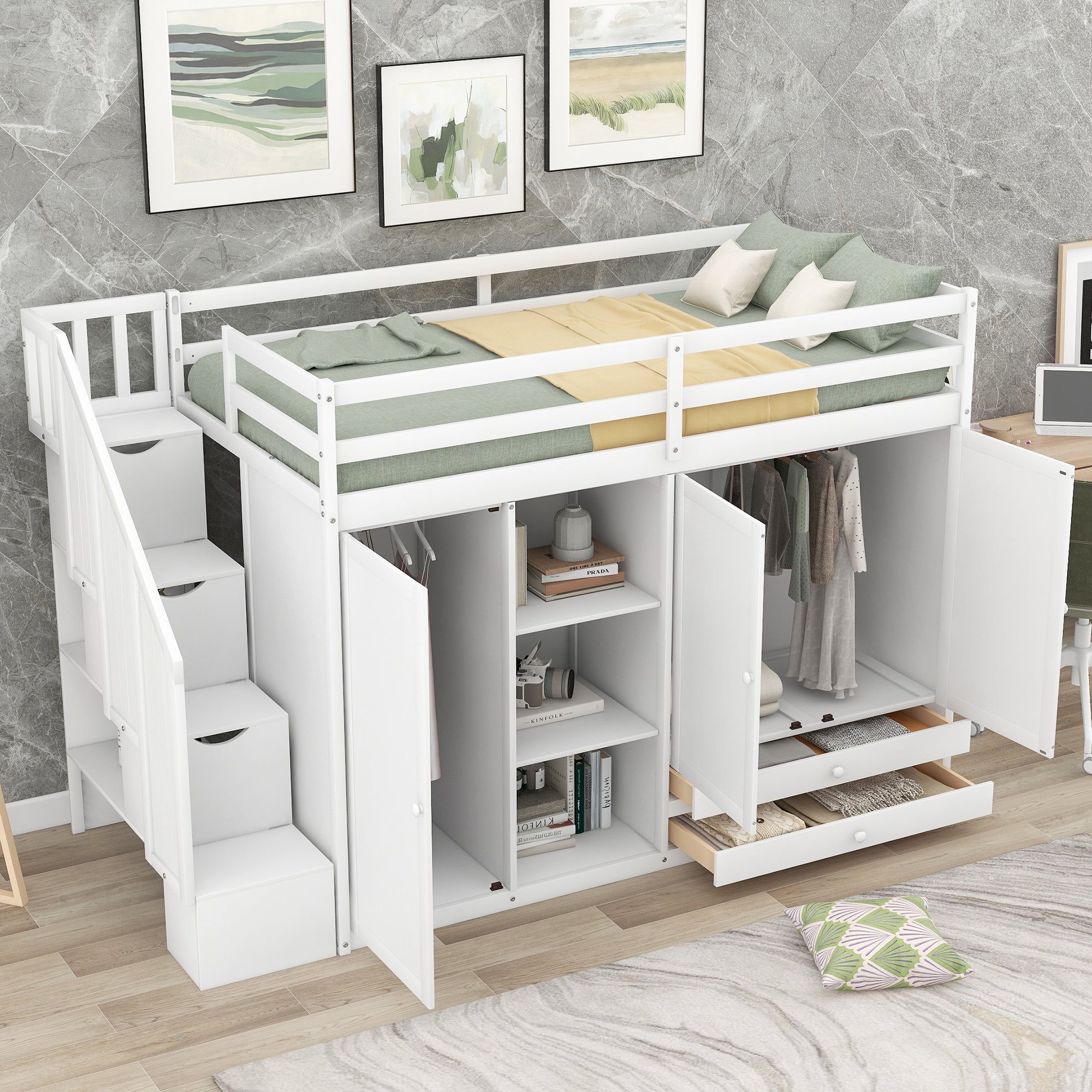 Functional Loft Bed with Shelves, Wardrobes, and Drawers