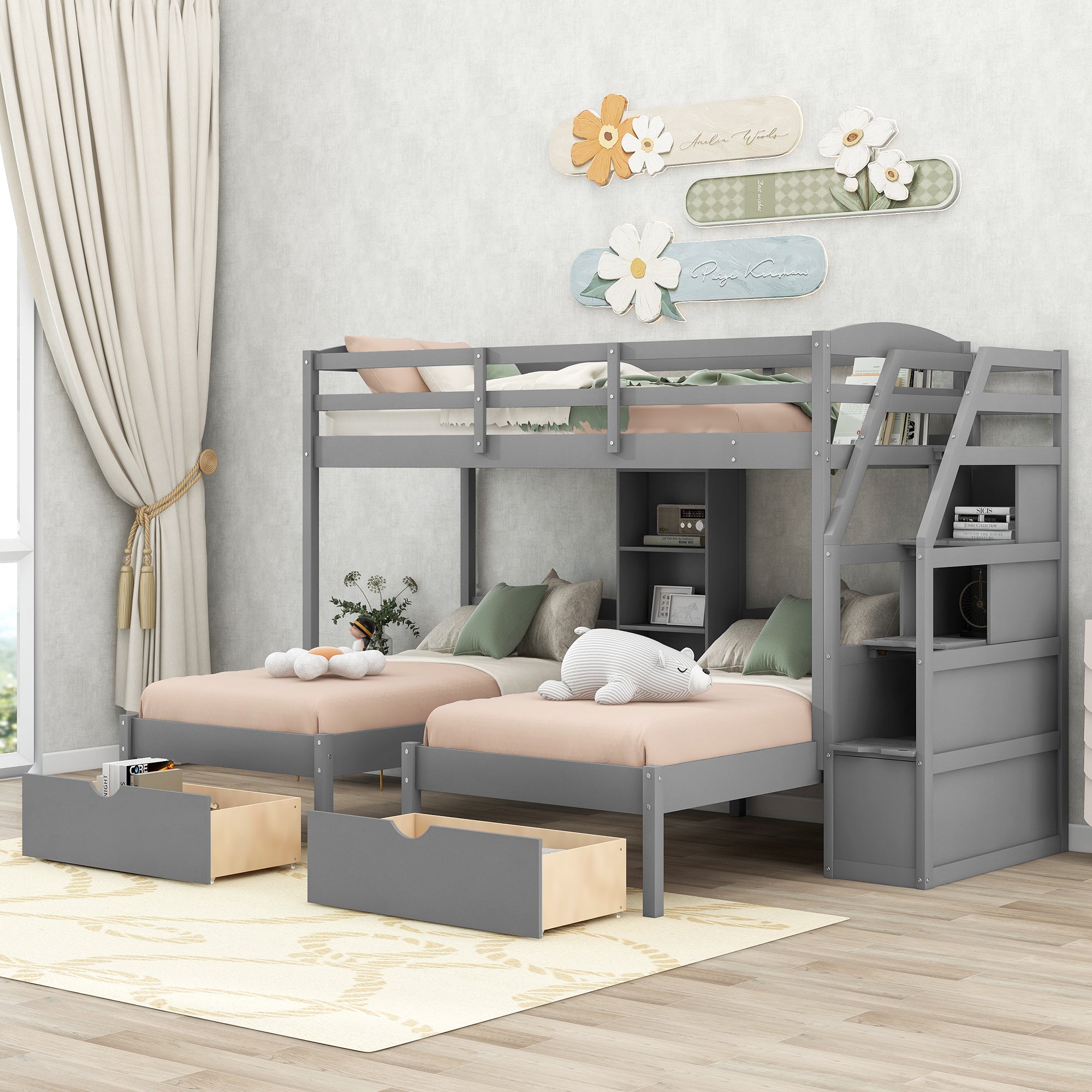 Twin Over Twin Bunk Bed with Drawers and Storage