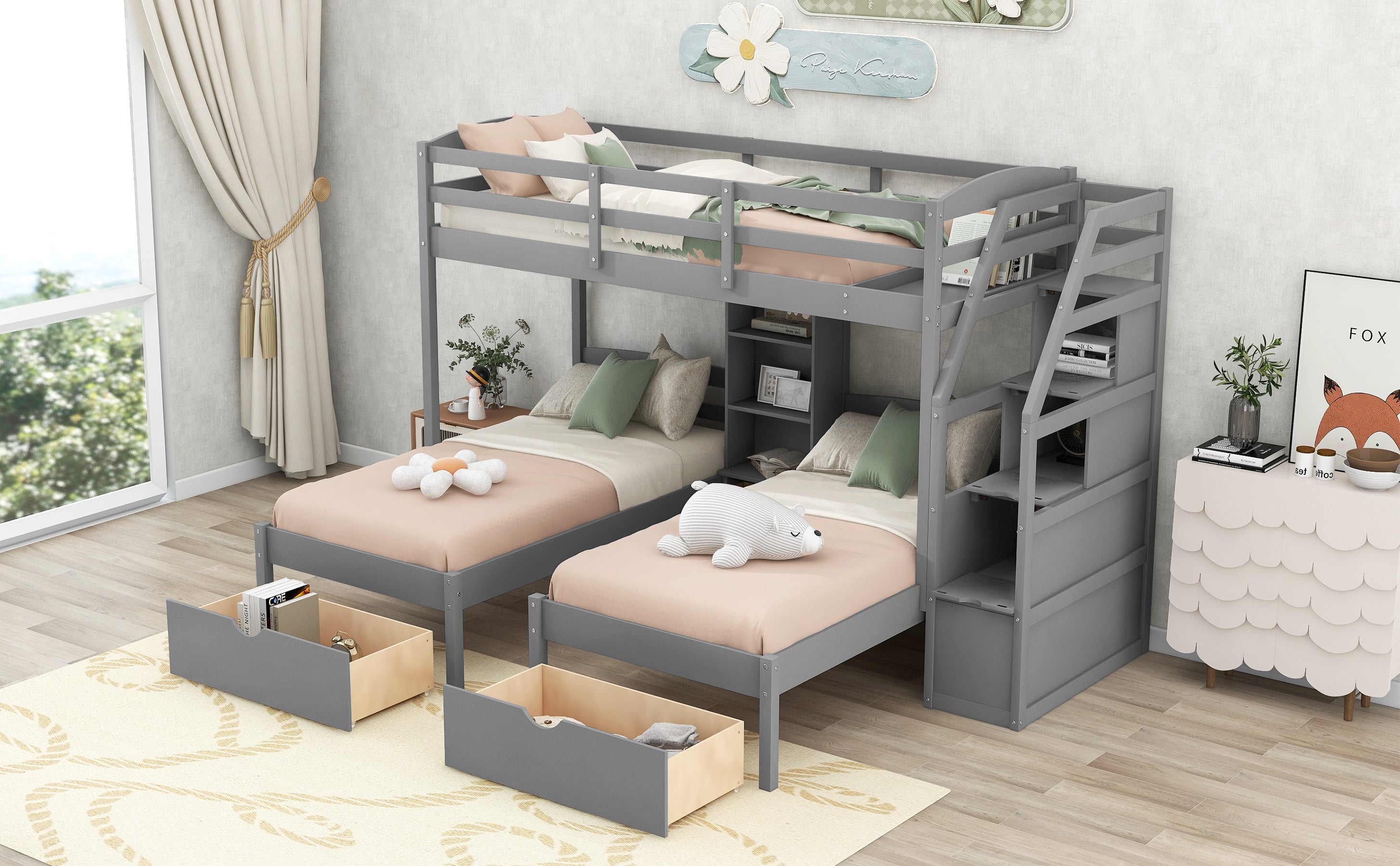 Twin Over Twin Bunk Bed with Drawers and Storage