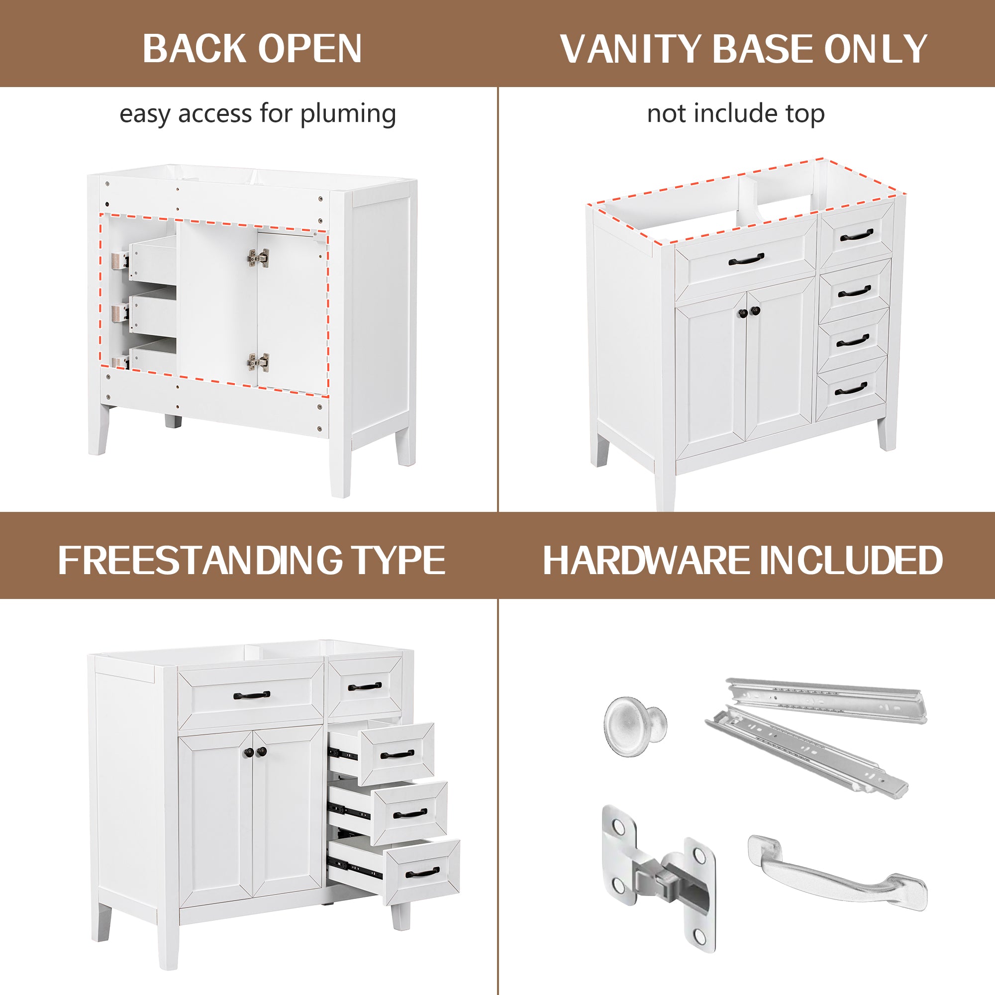 36" Bathroom Vanity Without Sink, Cabinet Base Only
