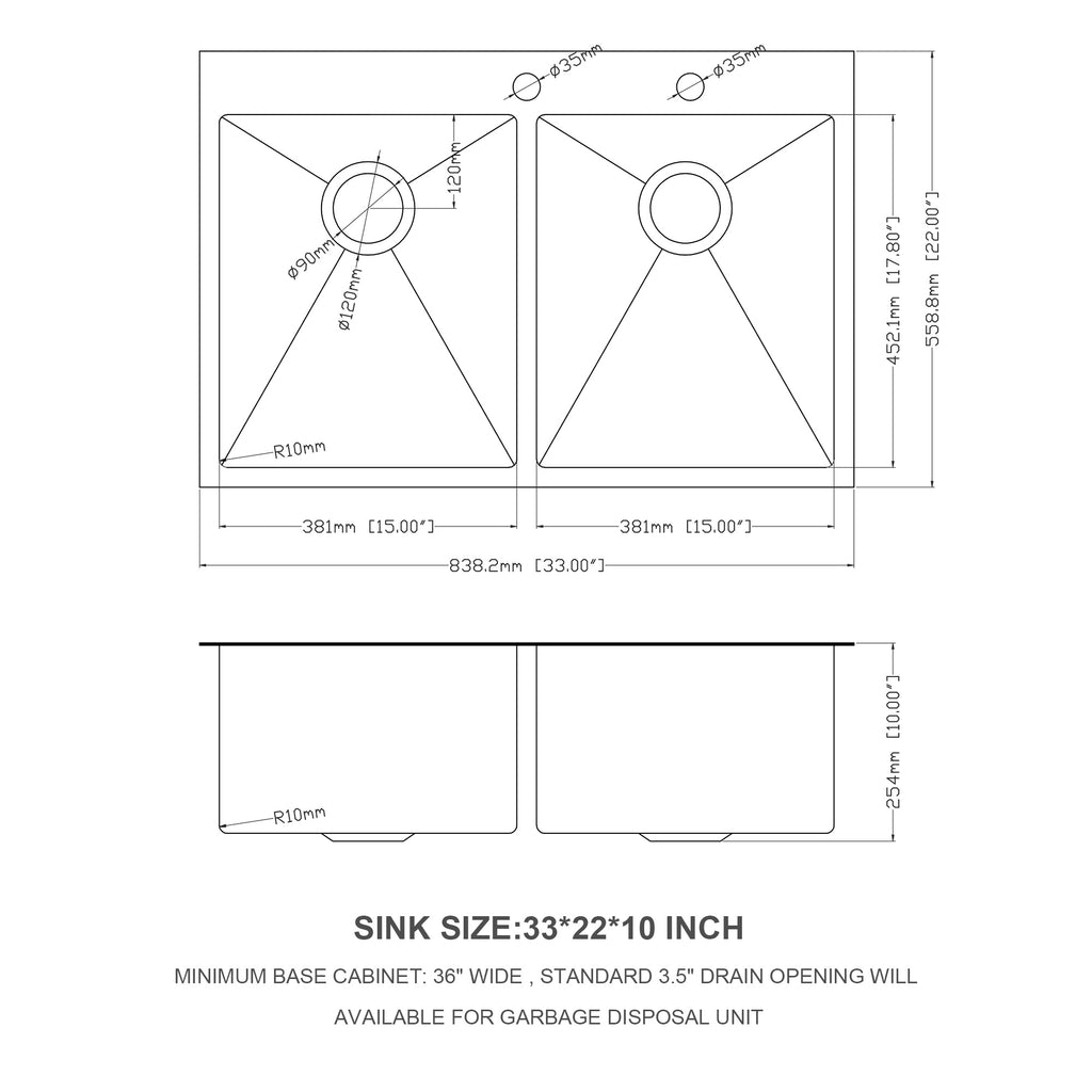 Double Bowl Drop In Sink - 33" x 22" x 10" Gunmetal
