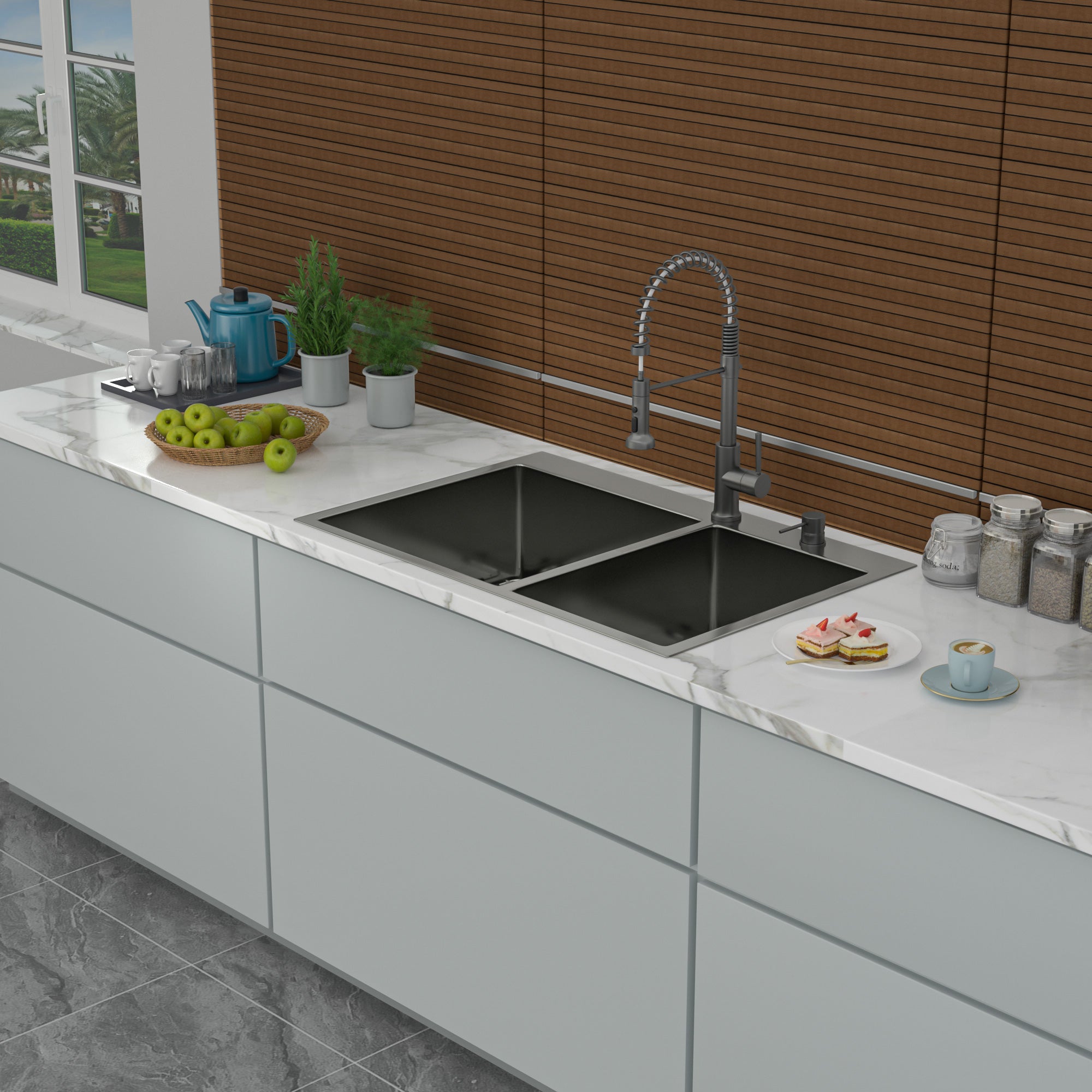 Double Bowl Drop In Sink - Gunmetal Black