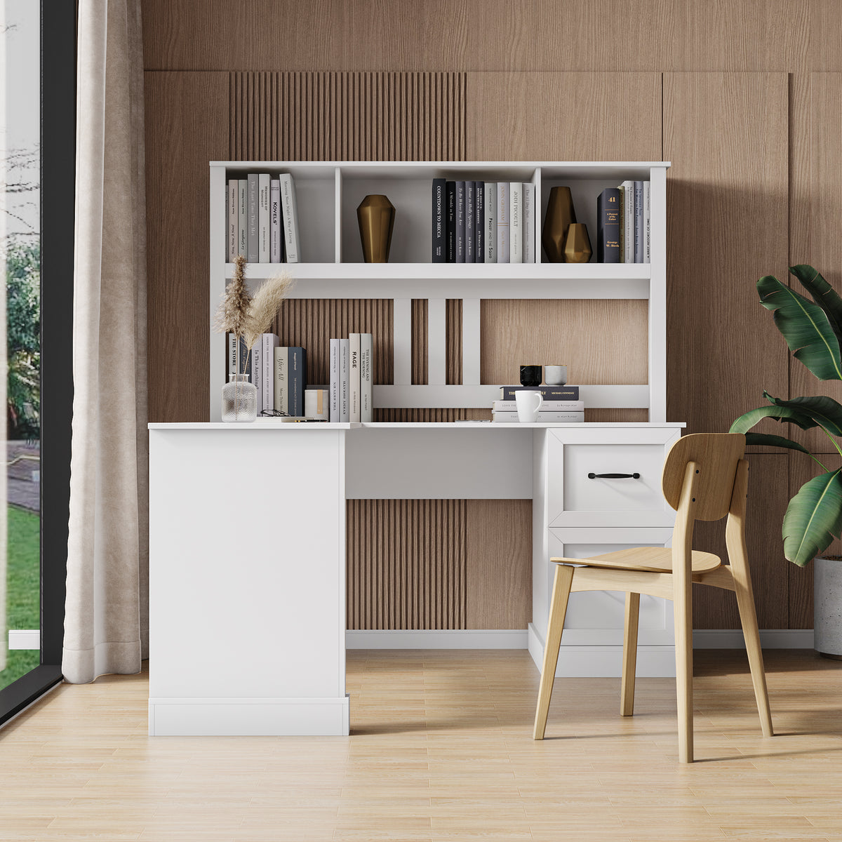 Home Office Computer Desk with Hutch, Antiqued White