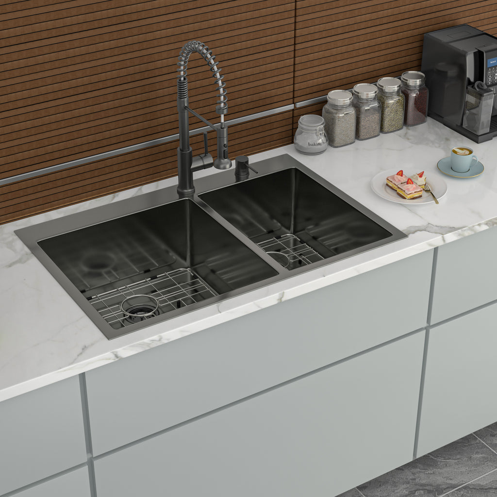 Double Bowl Drop In Sink - Gunmetal Black