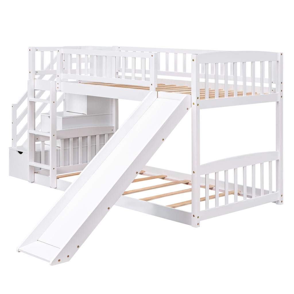 Stairway Twin Over Twin Bunk Bed with Two Drawers and Slide - White