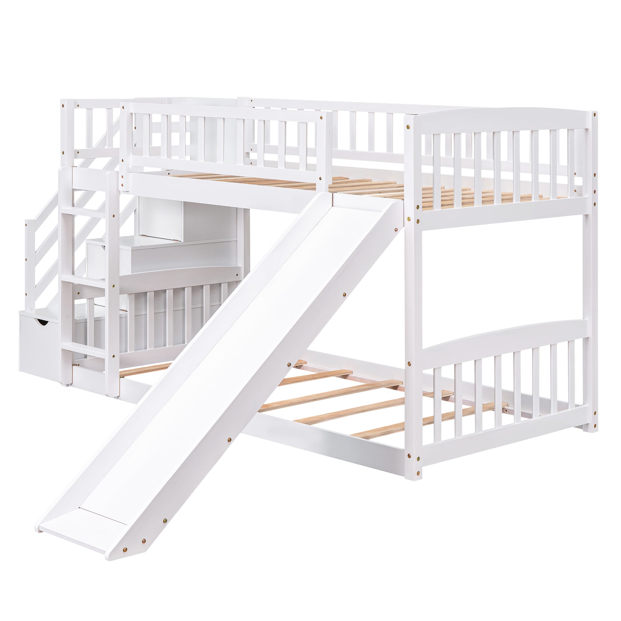 Stairway Twin Over Twin Bunk Bed with Two Drawers and Slide - White