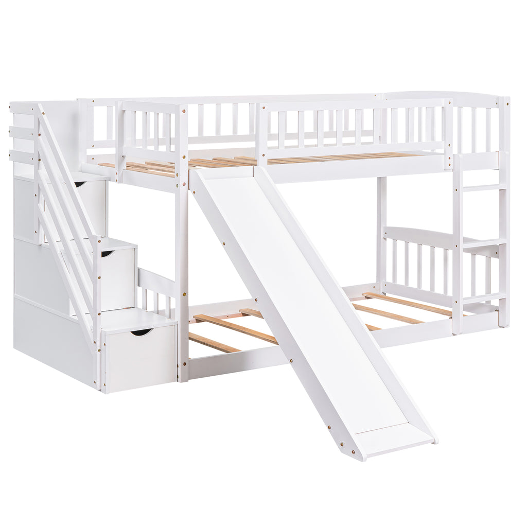 Stairway Twin Over Twin Bunk Bed with Two Drawers and Slide - White