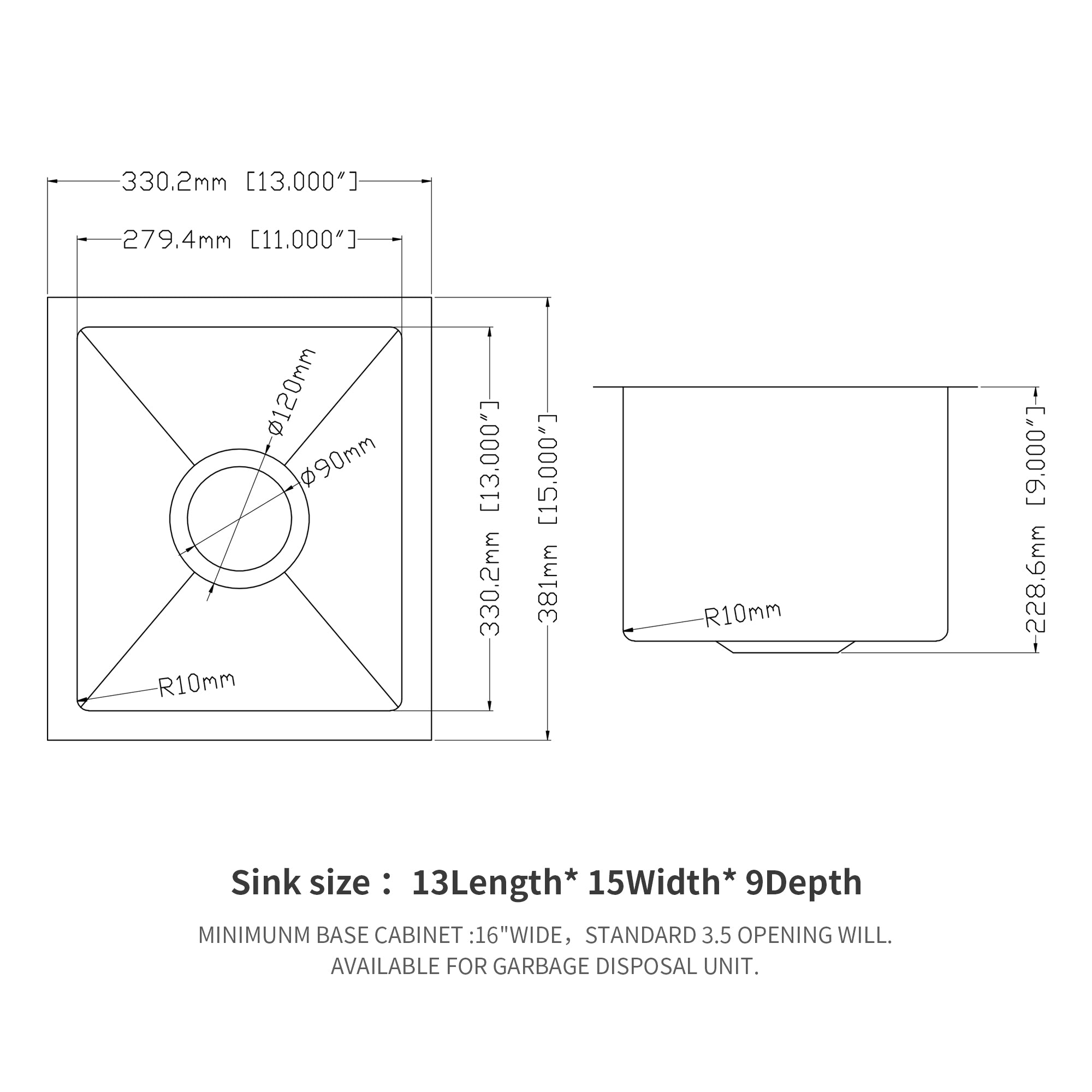 13 Inch Undermount Sink - Stainless Steel Kitchen Sink Basin