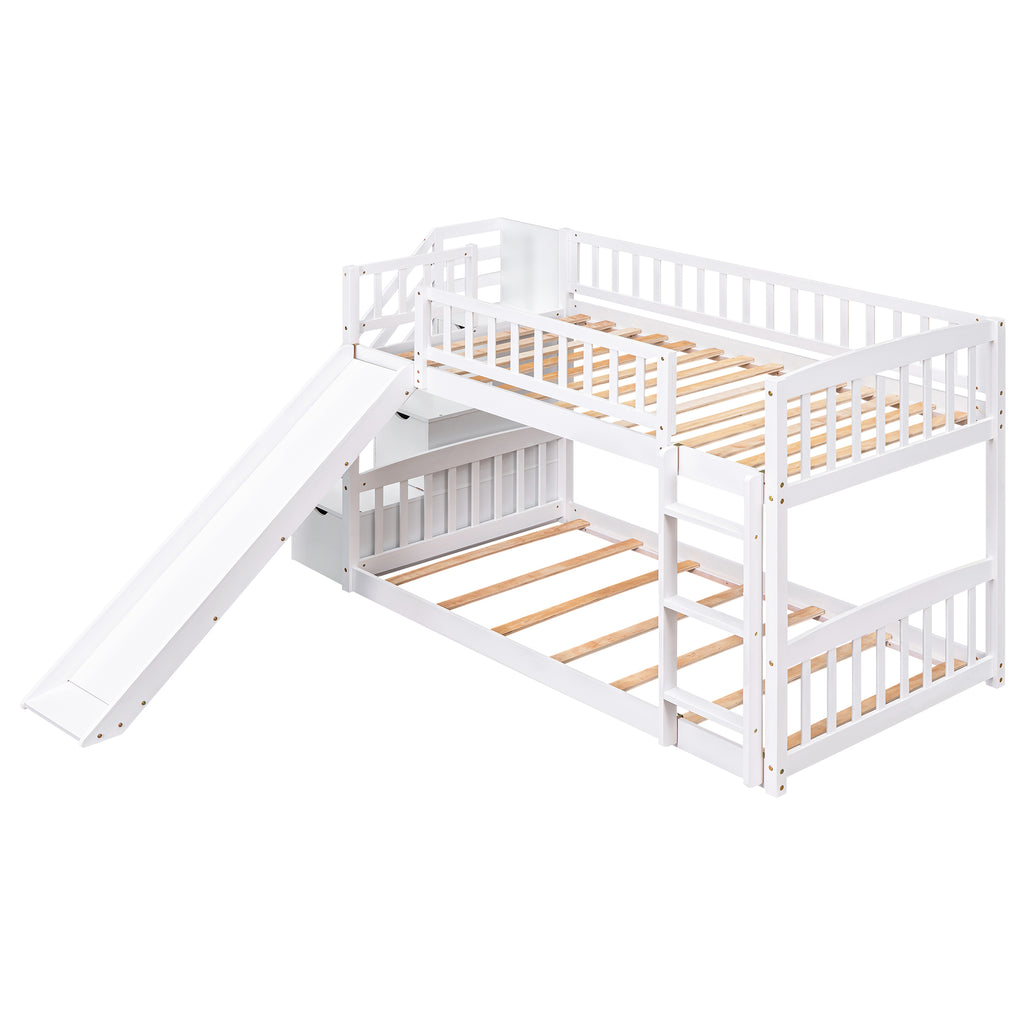 Stairway Twin Over Twin Bunk Bed with Two Drawers and Slide - White