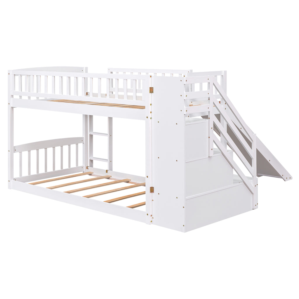 Stairway Twin Over Twin Bunk Bed with Two Drawers and Slide - White