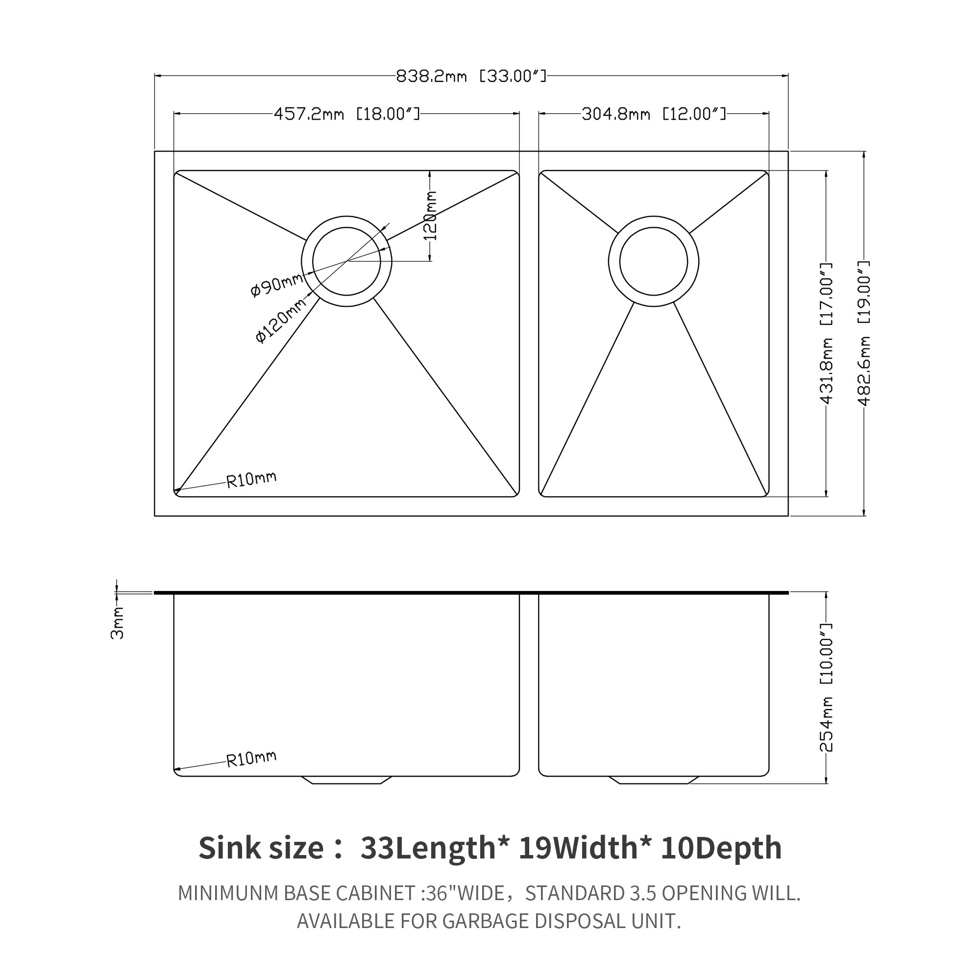 Double Bowl (60/40) Undermount Sink - 33"x19"x10" Gunmetal