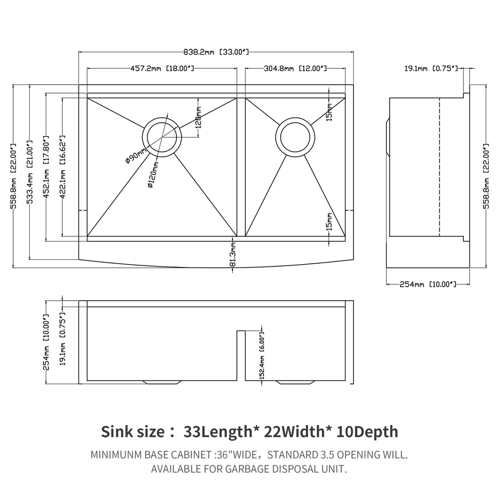 Double Bowl Farmhouse Sink Workstation - 33 Inch