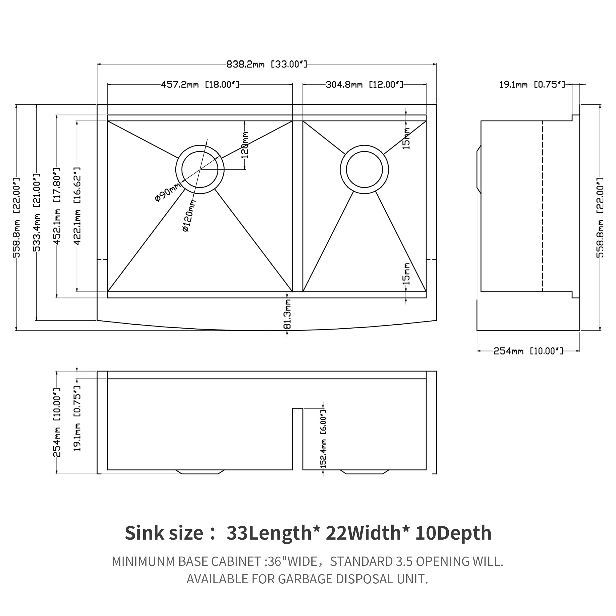 Double Bowl Farmhouse Sink Workstation - 33 Inch