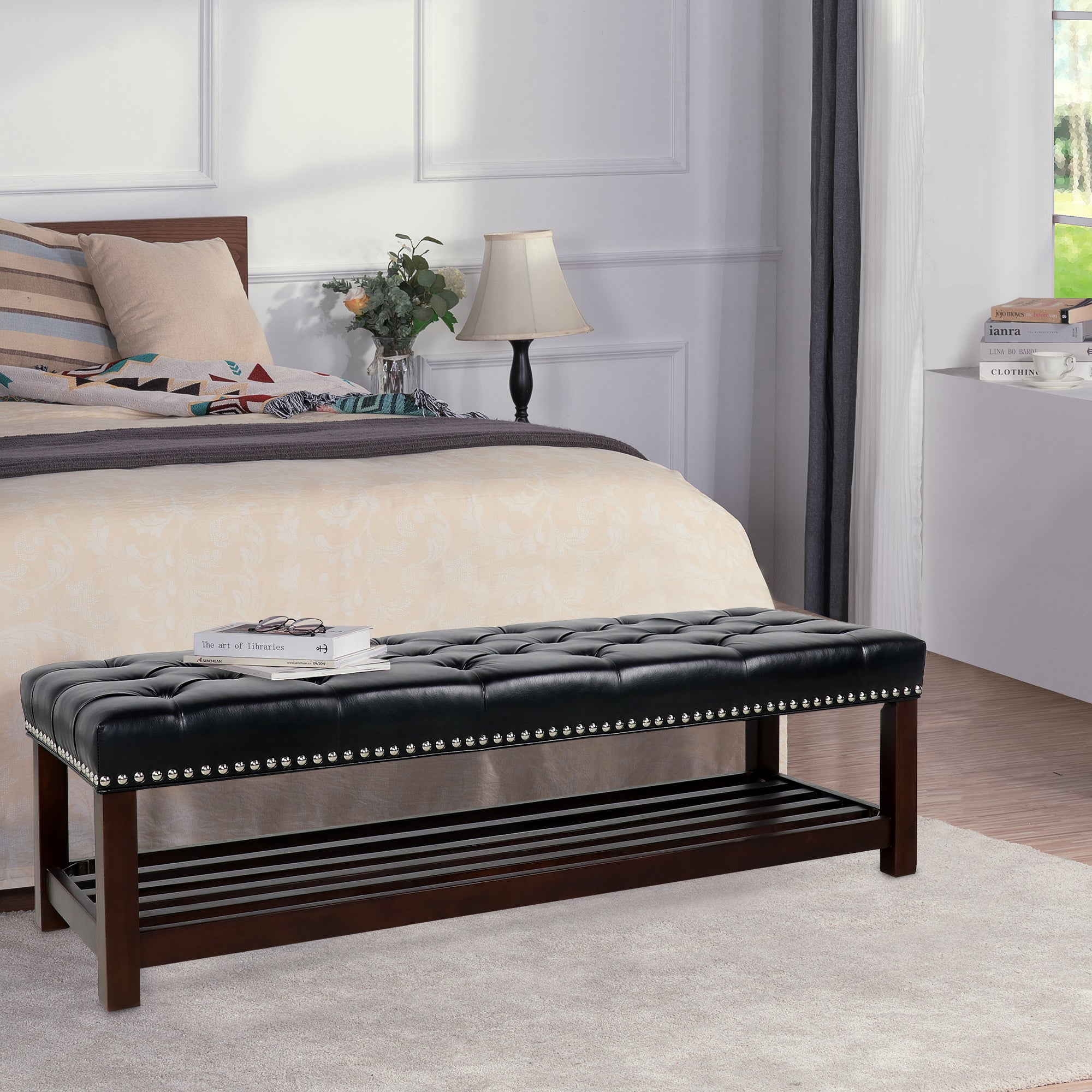 Wooden Base Upholstered Bench for Bedroom and Entryway