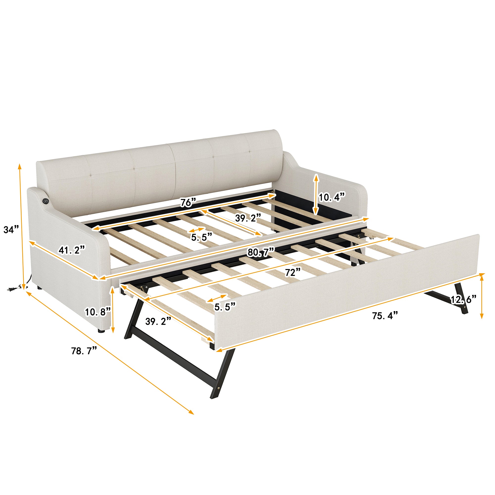 Twin Size Upholstery Daybed with Trundle and USB Charging Design
