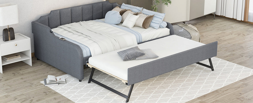 Full Size Upholstery Daybed with Trundle and USB Charging Design