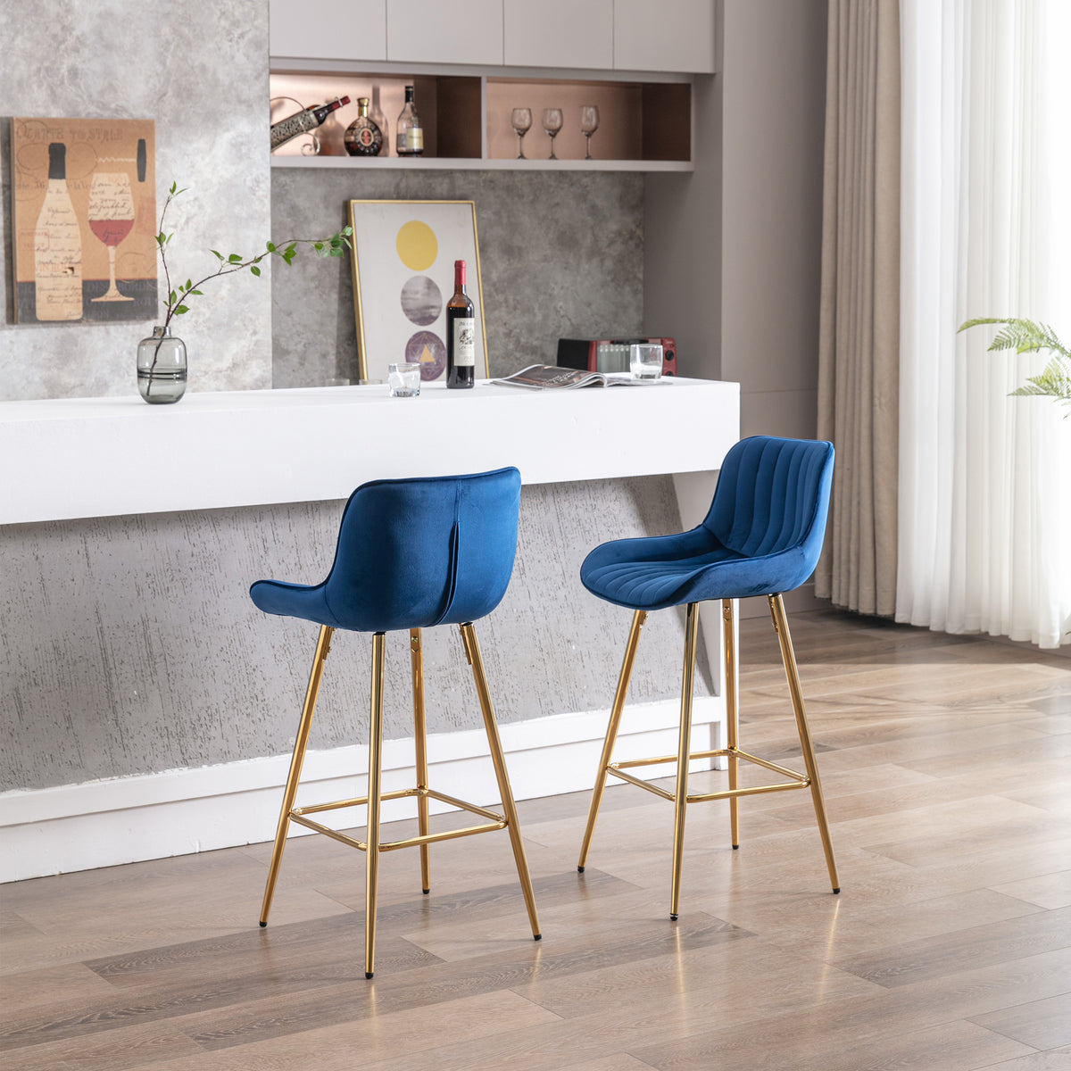 26 Inch Set of 2 Velvet Bar Stools with Steel Frame