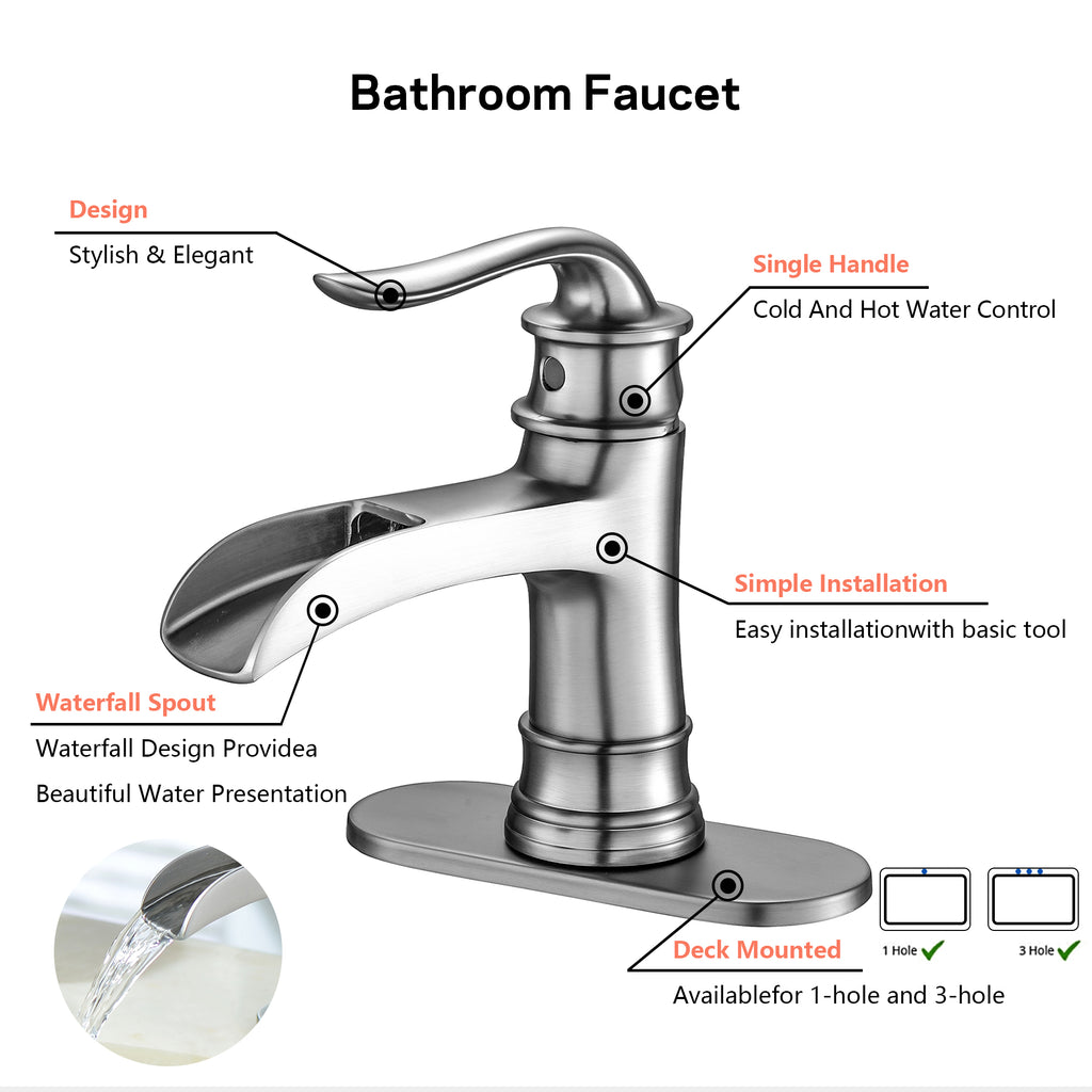 Waterfall Spout Bathroom Faucet - Brushed Nickel