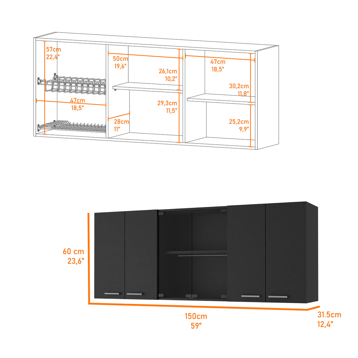 59-Inch Two Center Glass Doors Wall Cabinet Wenge