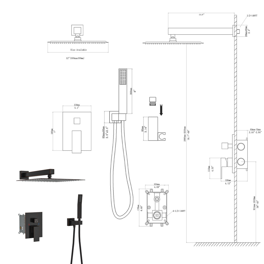 Dual Shower Head - 12 Inch Wall Mounted Square Shower System