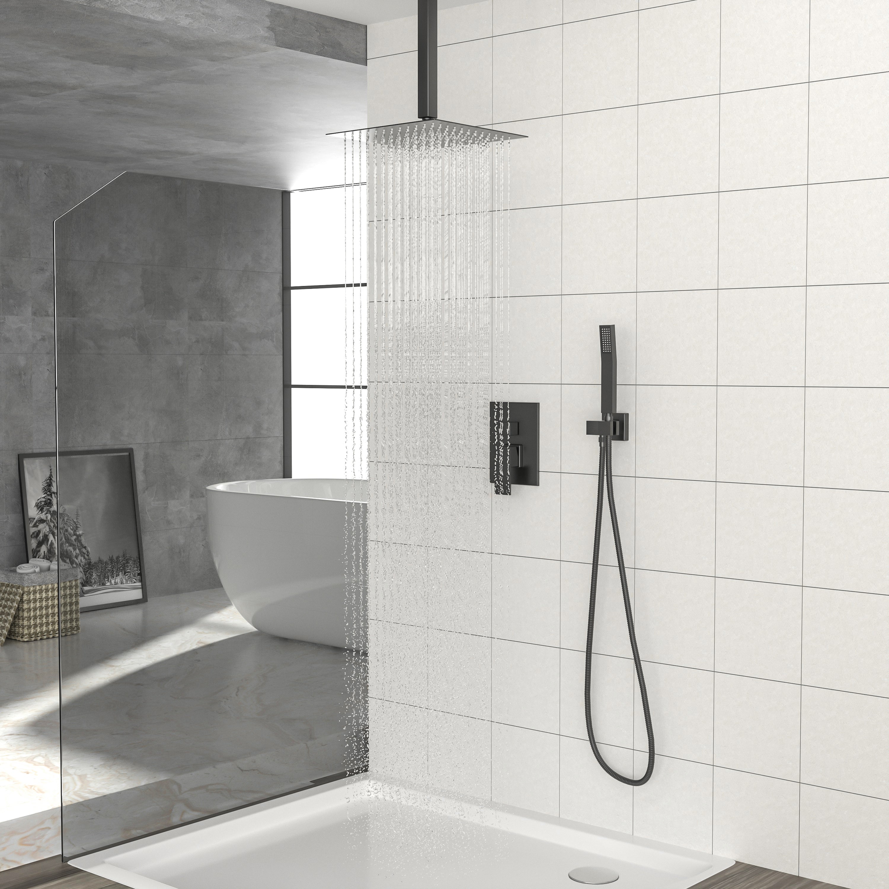 Dual Shower Head - 16 Inch Ceiling Mount Square Shower System