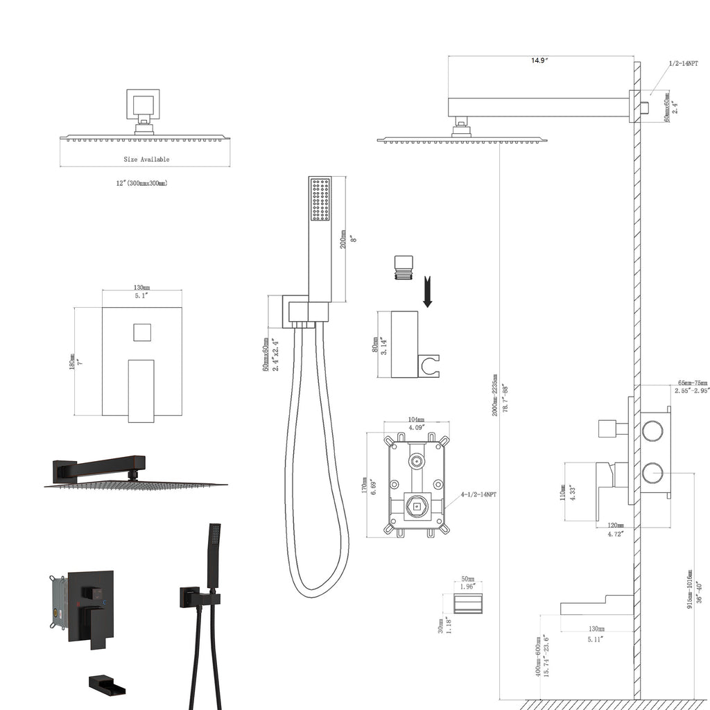 Shower System with Waterfall Tub Spout