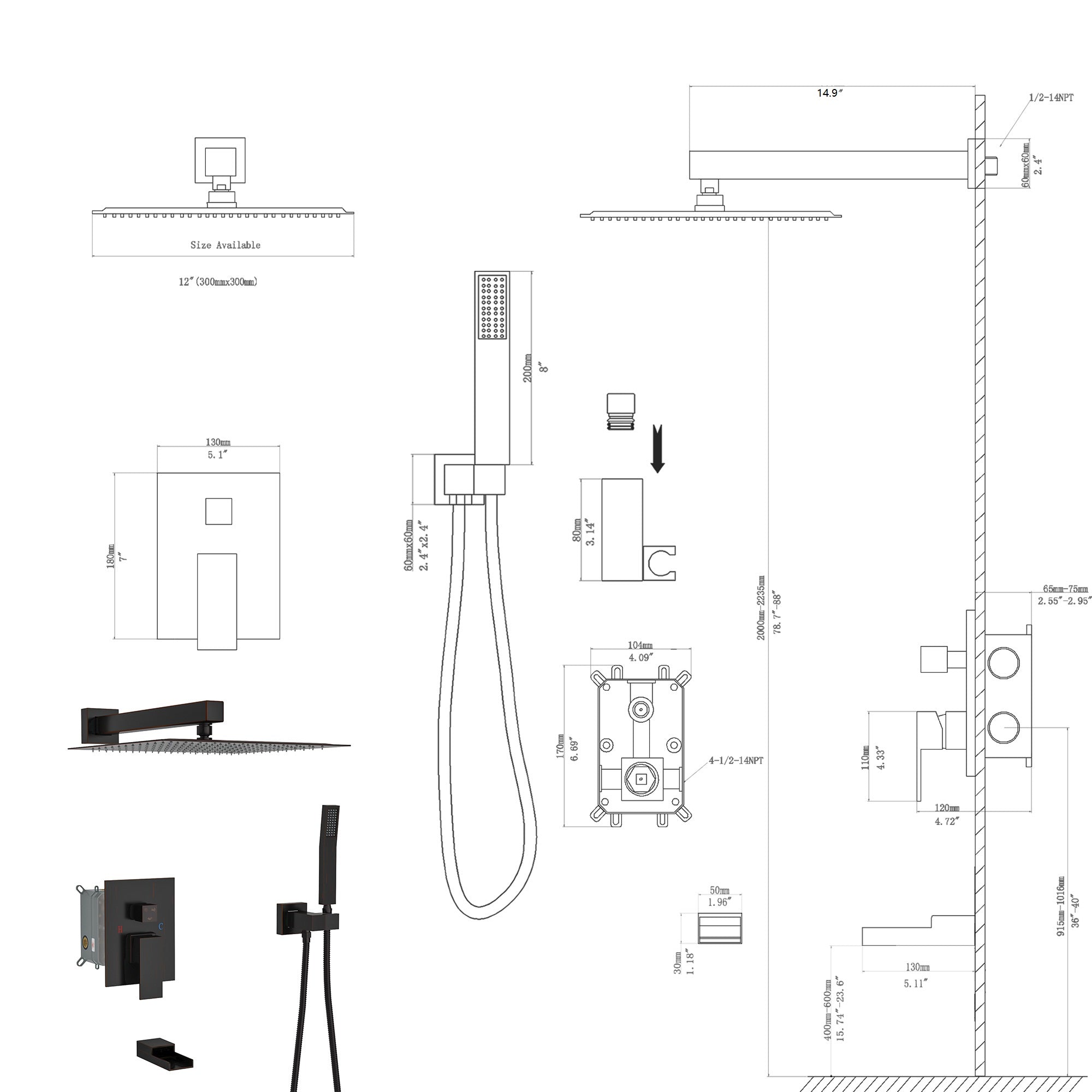 Shower System with Waterfall Tub Spout