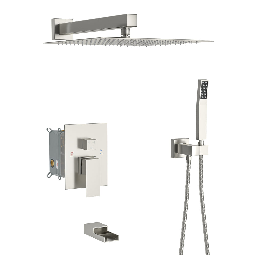 Brushed Nickel Shower System with Waterfall Tub Spout