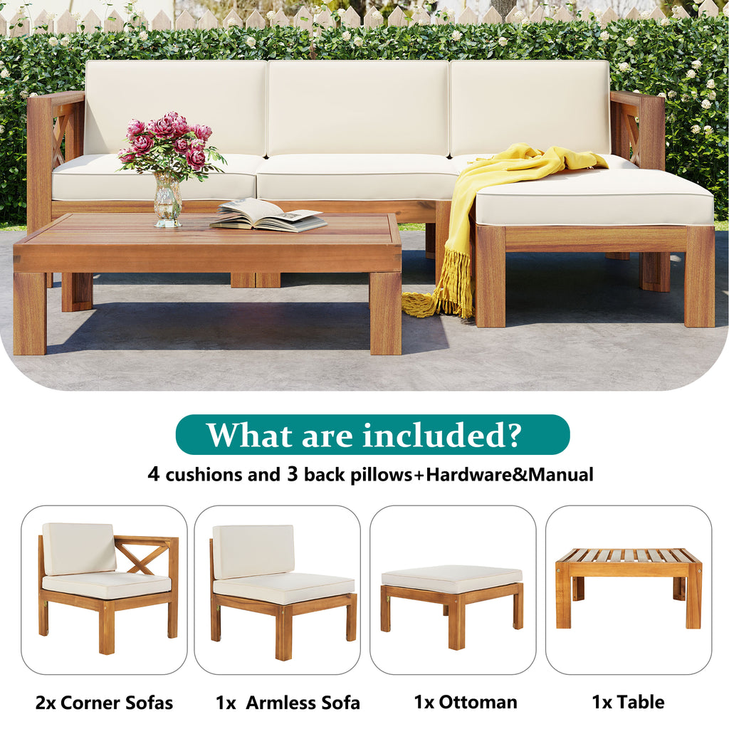 TOPMAX Outdoor Backyard Patio Wood 5-Piece Sectional Sofa Set