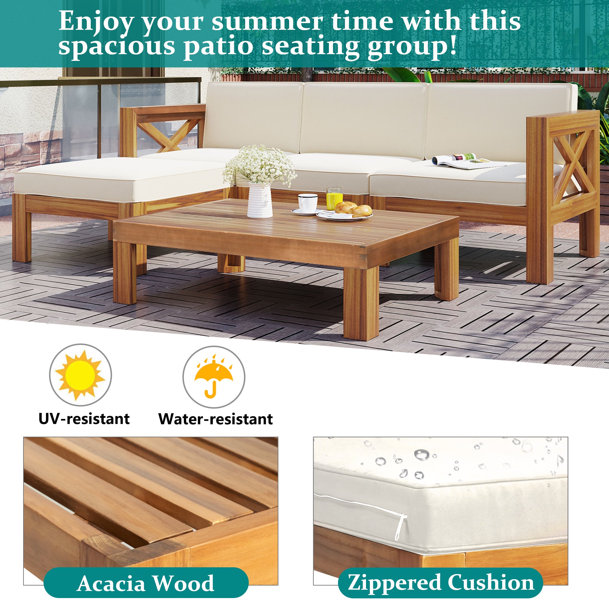 TOPMAX Outdoor Backyard Patio Wood 5-Piece Sectional Sofa Set