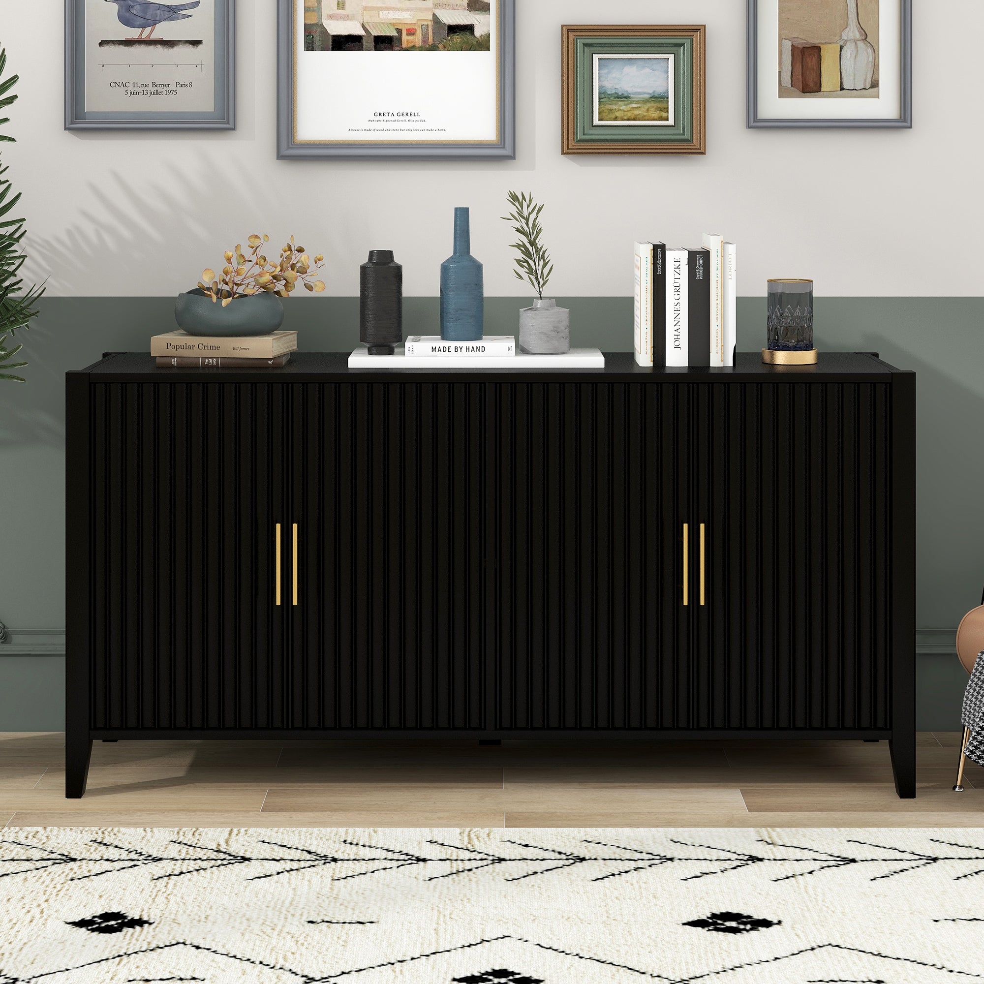 U_Style 61.1'' Modern 4-Vertical Wavy Slatted Doors Sideboard