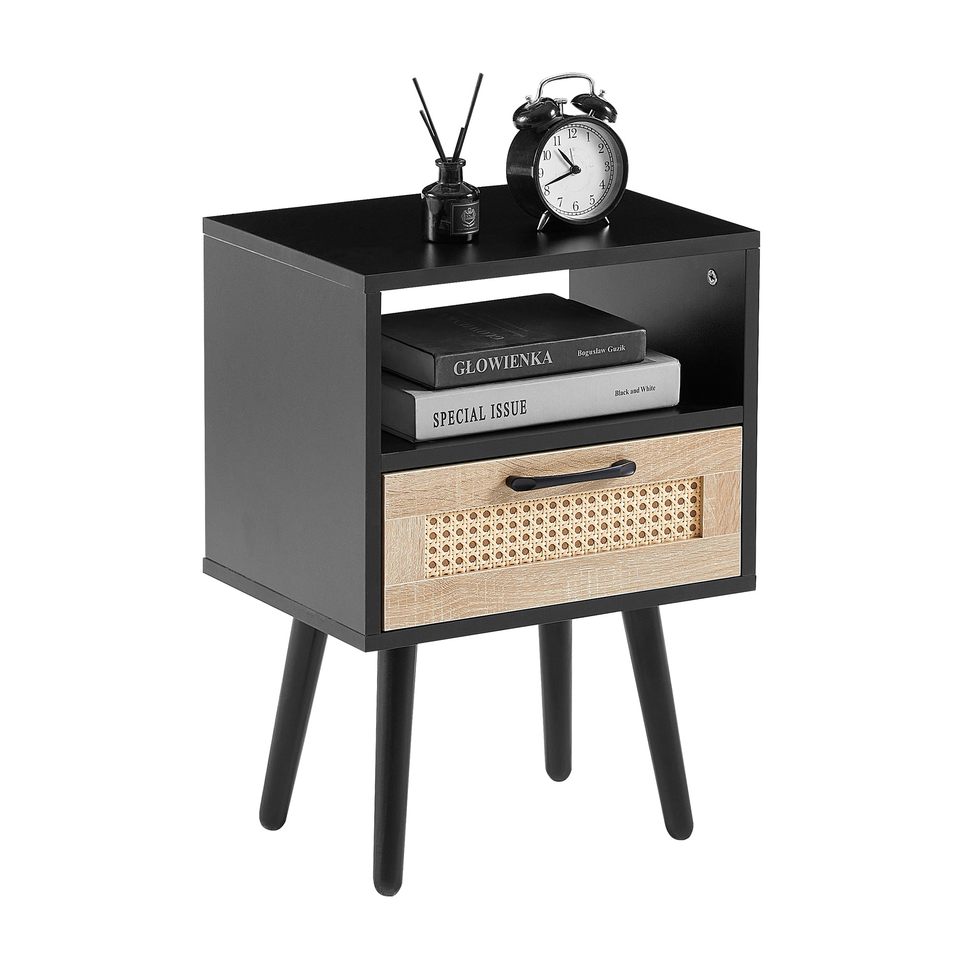 15.75" Rattan End Table with Drawer and Solid Wood Legs