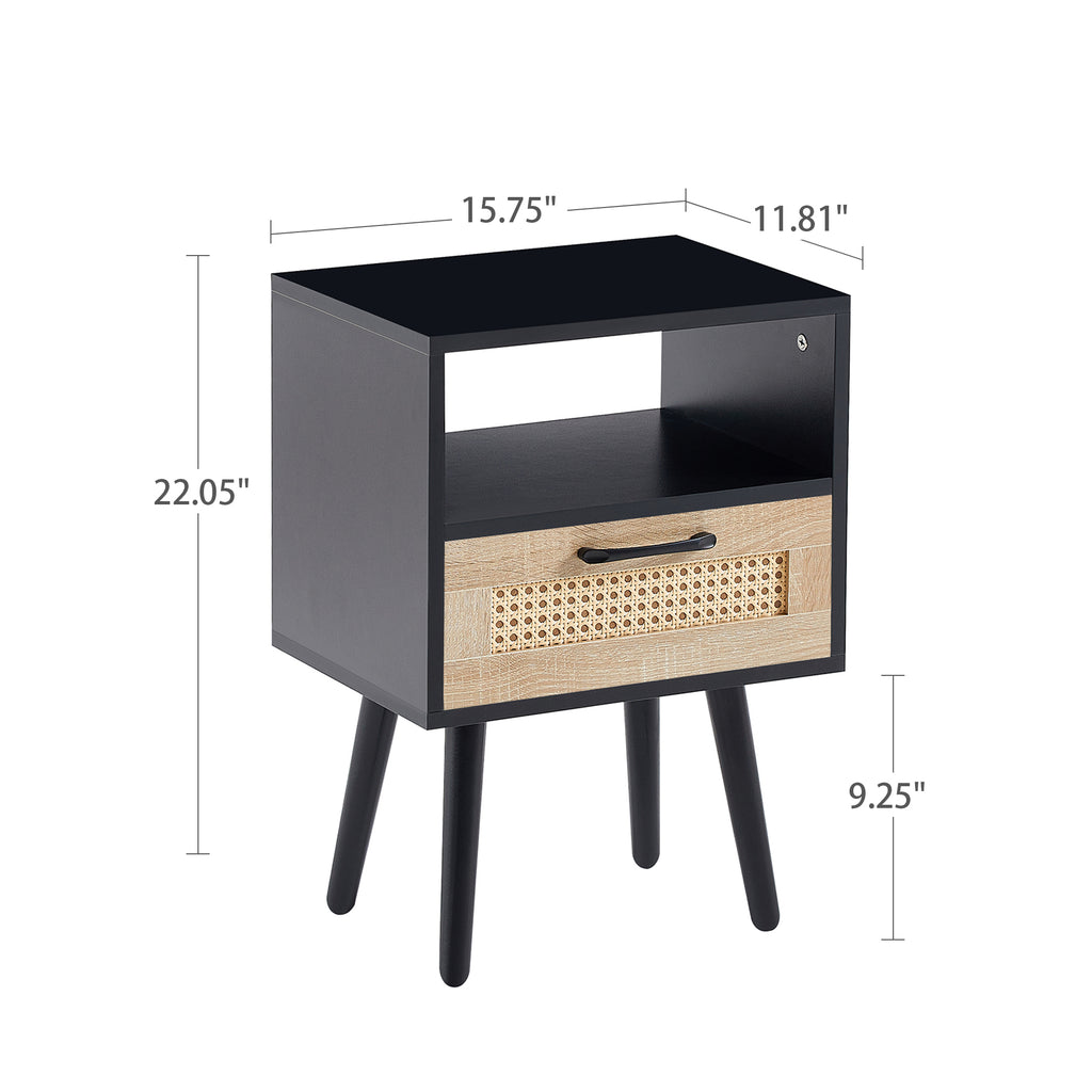 15.75" Rattan End Table with Drawer and Solid Wood Legs