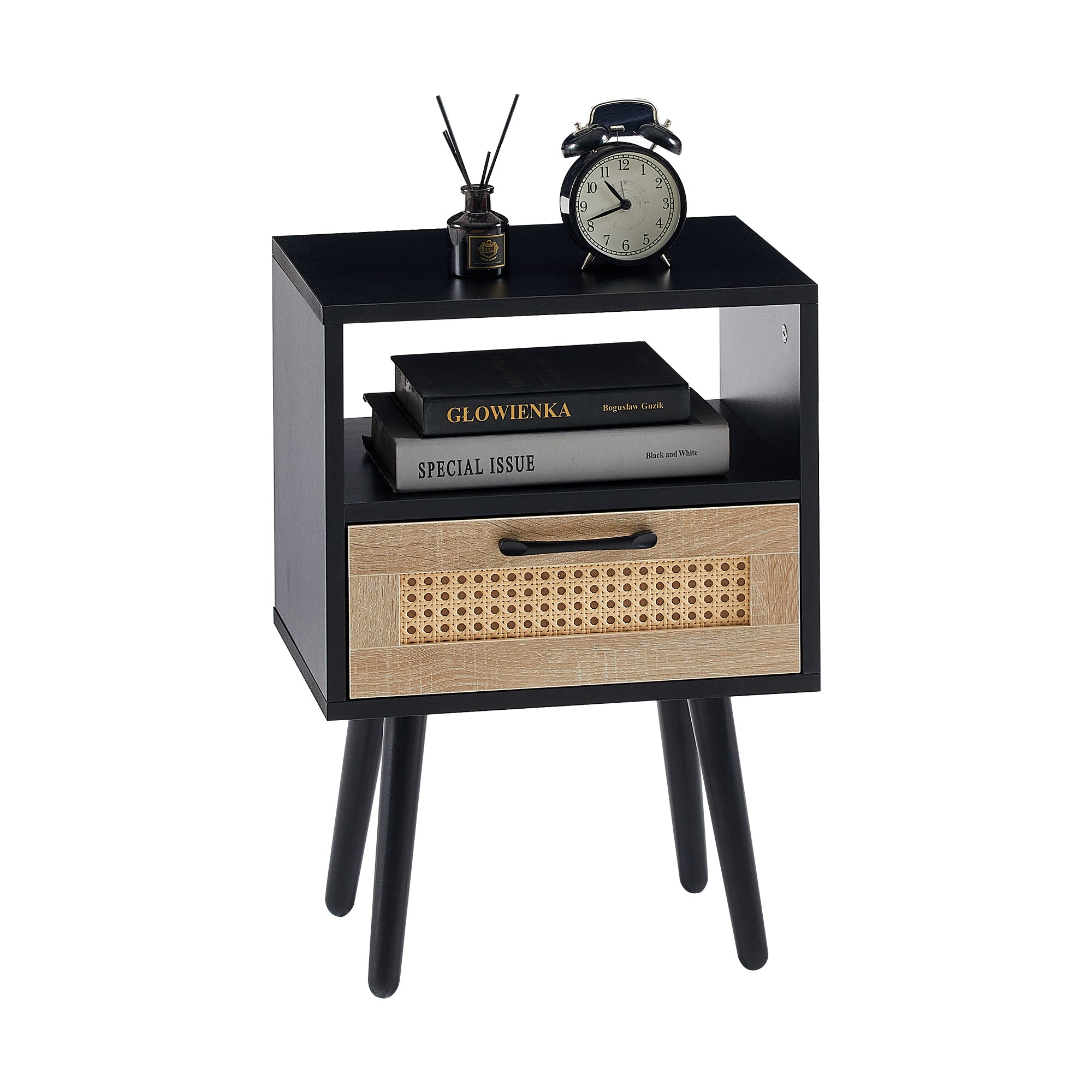 15.75" Rattan End Table with Drawer and Solid Wood Legs