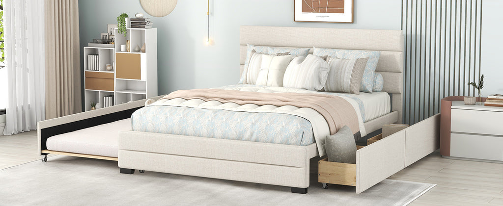 Queen Upholstered Platform Bed with Twin Size Trundle and Two Drawers