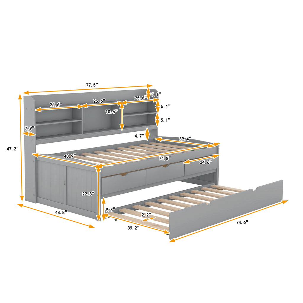 Twin Size Wooden Captain Bed with Built-in Bookshelves