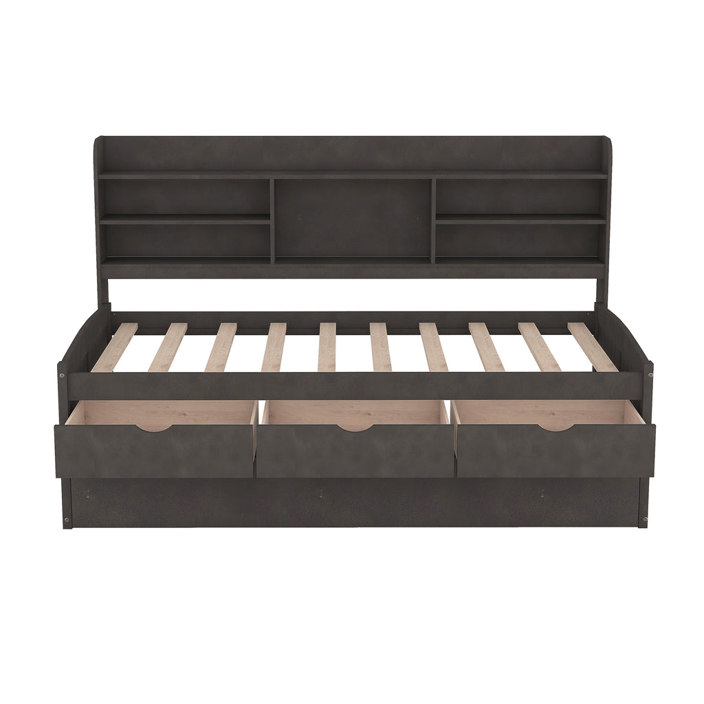 Twin Size Wooden Captain Bed with Built-in Bookshelves, Three Storage Drawers, and Trundle, Antique