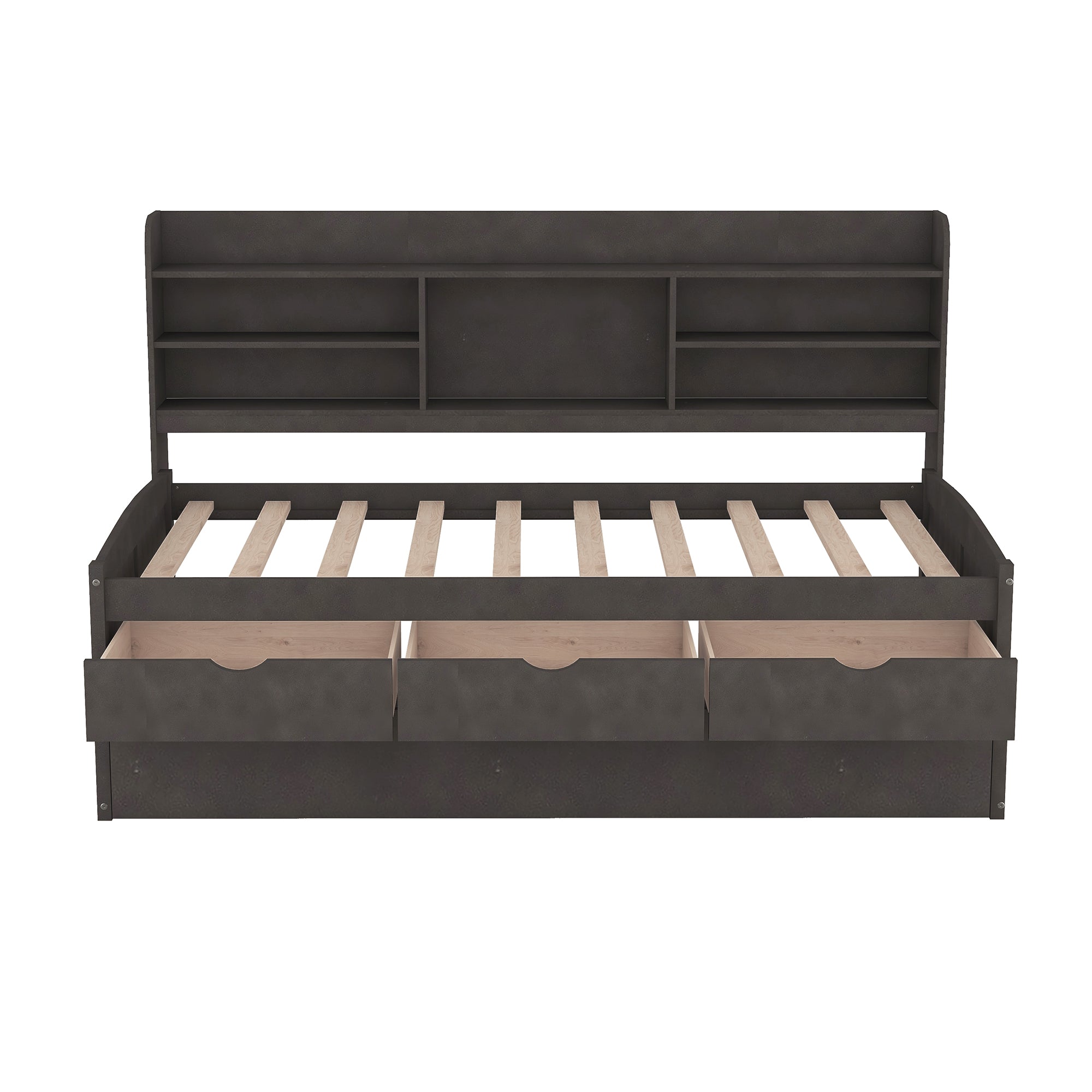 Twin Size Wooden Captain Bed with Built-in Bookshelves, Three Storage Drawers, and Trundle, Antique