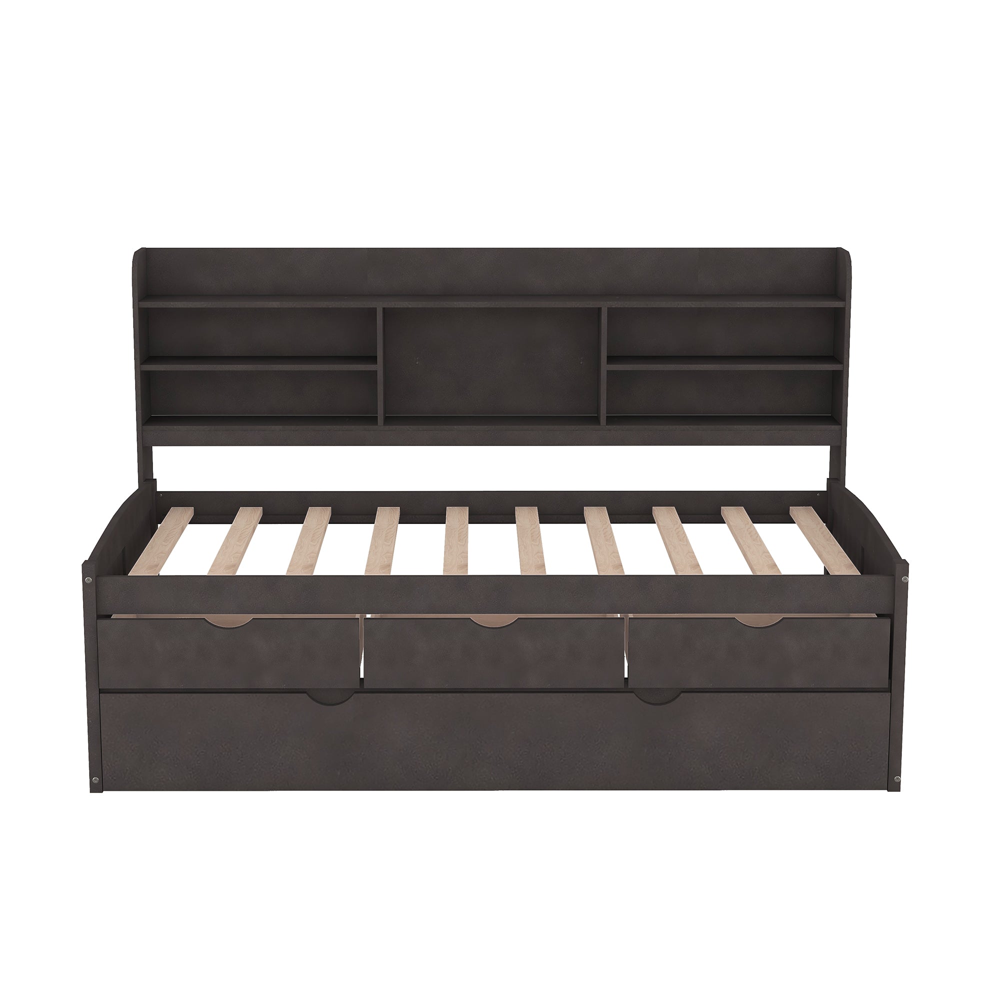 Twin Size Wooden Captain Bed with Built-in Bookshelves, Three Storage Drawers, and Trundle, Antique