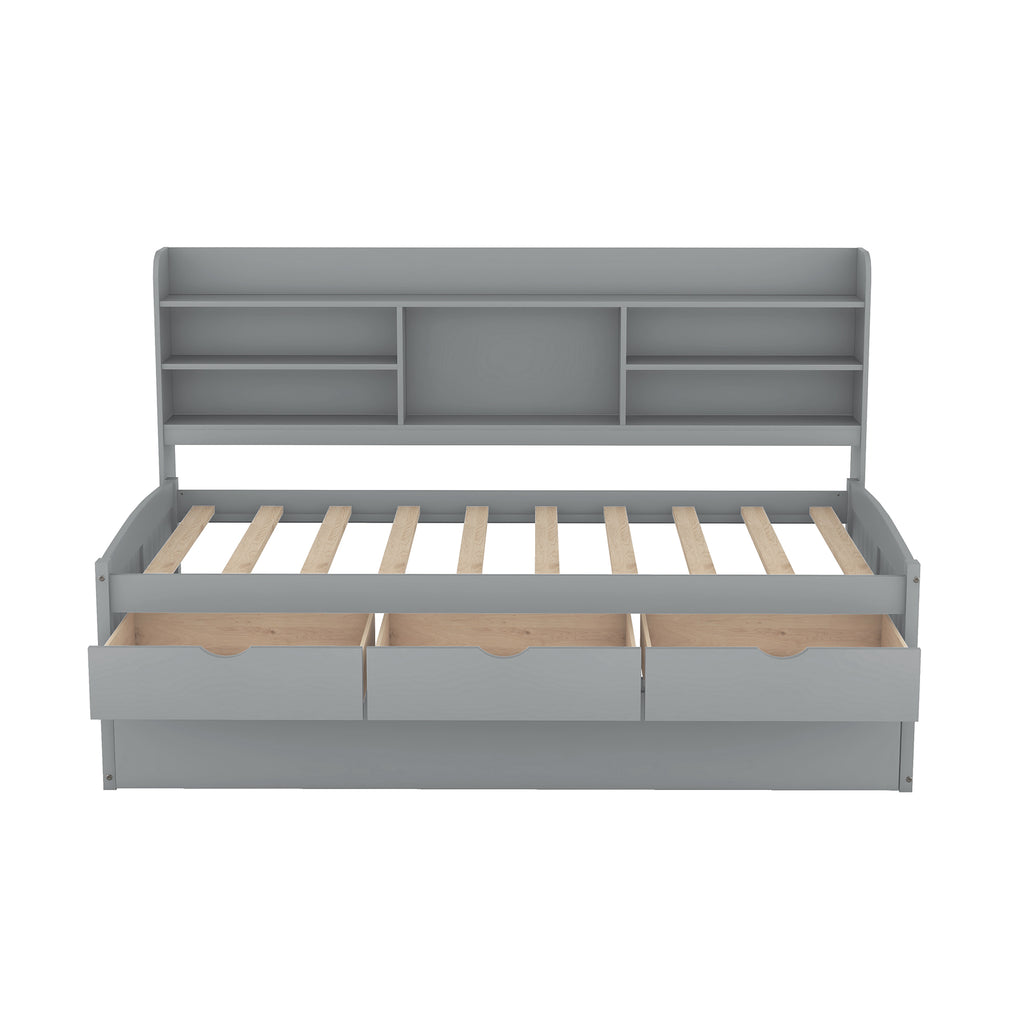 Twin Size Wooden Captain Bed with Built-in Bookshelves